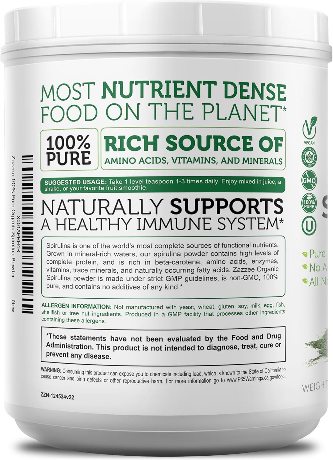 Zazzee USDA Organic Spirulina Powder, 2.2 Pounds (1 KG), 303 Servings | Certified Kosher, 100% Pure, Non-Irradiated, Mess-Free Wide Mouth Container, Fresh Smell, Neutral Taste, Non-GMO, Made in USA