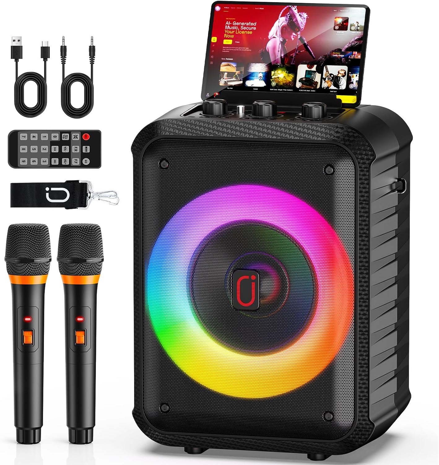 JYX Karaoke Machine for Adults & Kids with 2 Wireless Microphones, Portable Bluetooth Speaker with LED Lights, Supports USB/TF Card/AUX for Party