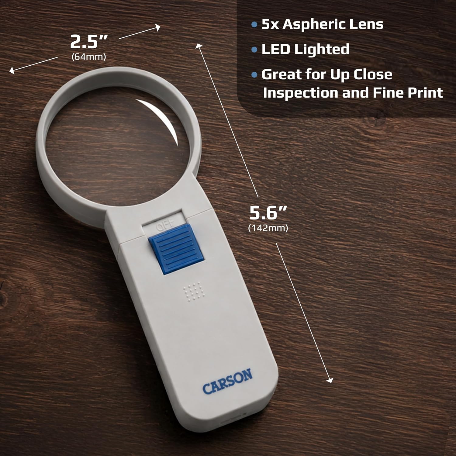 Carson Illuminated LED Lighted 5x Hand Held 2.5'' Aspheric Magnifier (SV-50),White