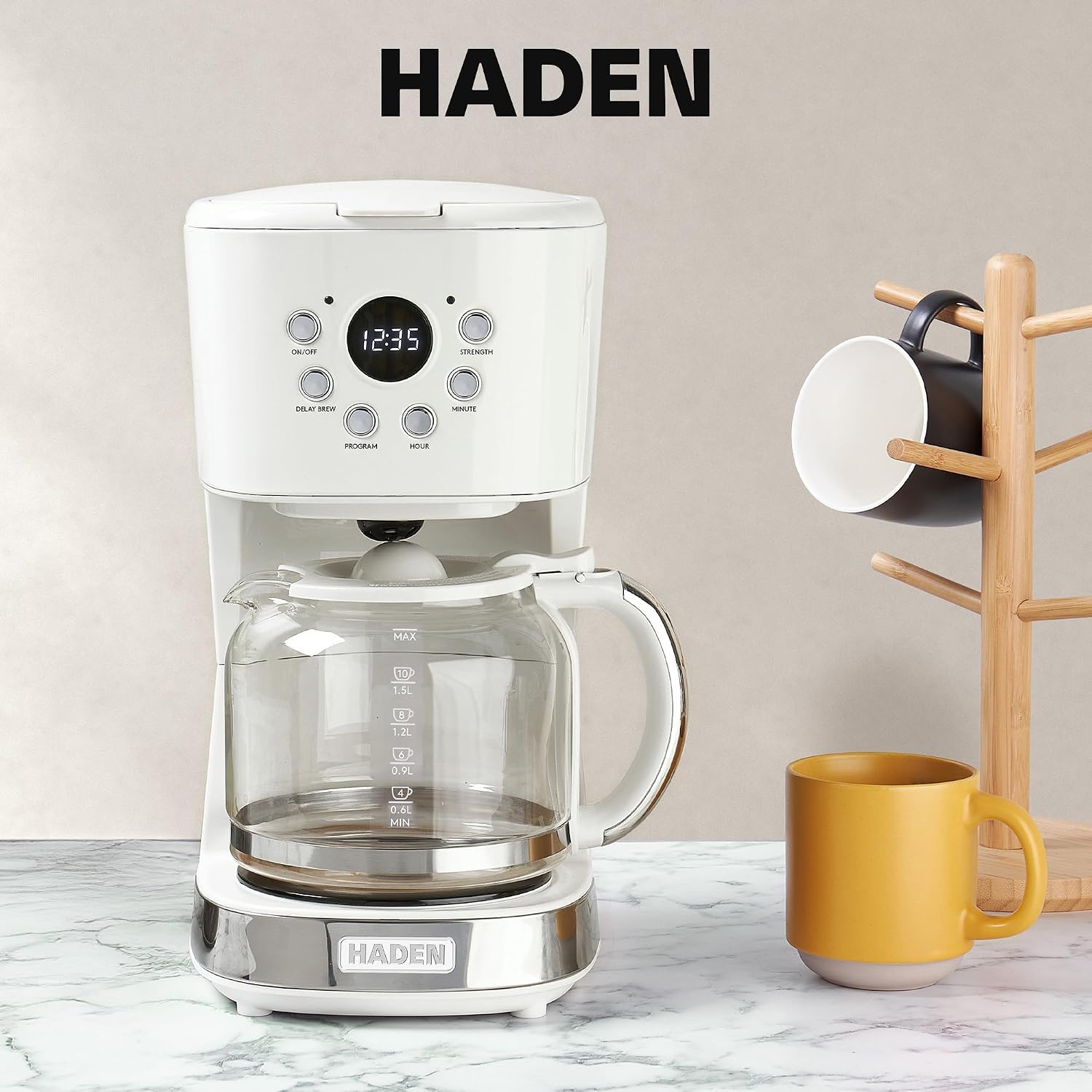 HADEN 12-Cup Programmable Coffee Maker for Home or Office, Putty & Chrome – Drip Brewer Machine with Brew Strength, Delay Brewing