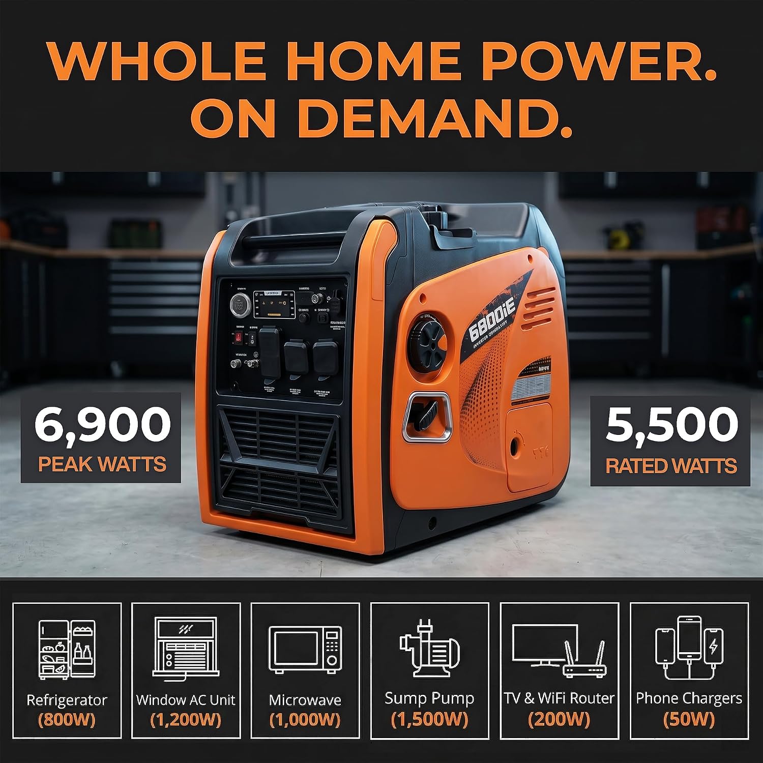 LIFAN 6900W Inverter Generator for Home Backup, 120/240V, Remote Start | 5500W Rated Gas Power, Pure Sine Wave, CO-Minder, RV Ready, Up to 14H at 25% Load
