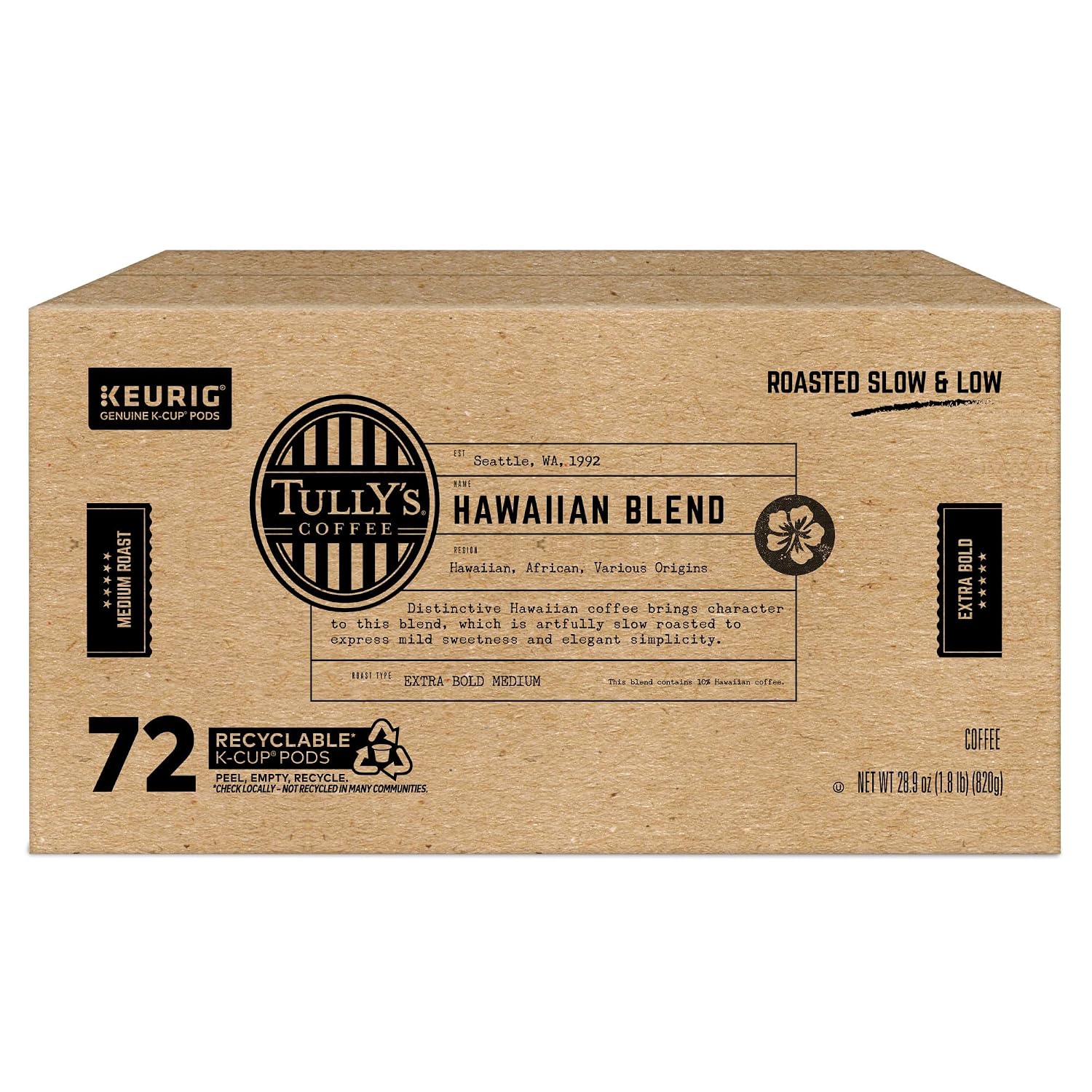 Tully's Coffee Hawaiian Blend Keurig Single-Serve K-Cup Pods, Medium Roast Coffee, 96 Count