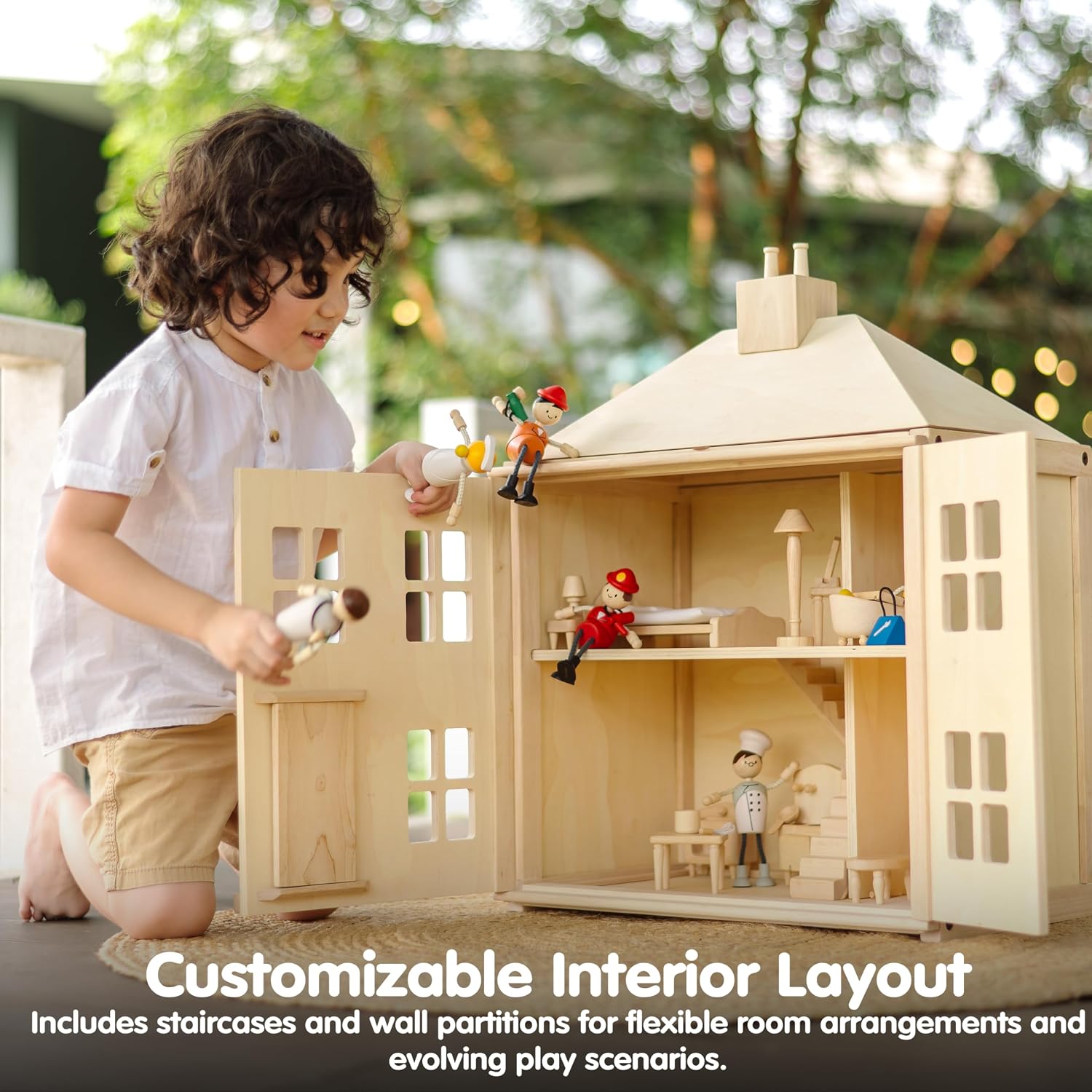 PlanToys® Green Wooden Dollhouse with Solar Panel, Wind Turbine & Furniture | recycling system, eco-friendly doll house, sustainable pretend play, kids, girls, environmental learning gift for boys