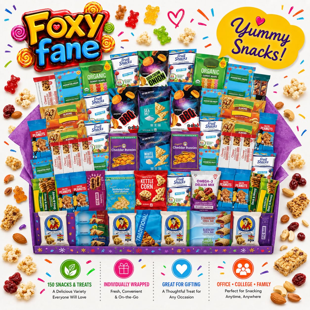 Foxy Fane 60-Count Healthy Snack Box Care Package, Variety Pack of 60 Individually Wrapped Sweet and Savory Snacks, Assorted Gift Basket for Office