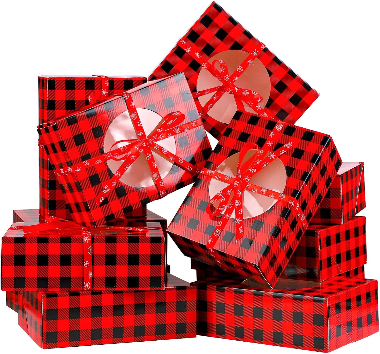 Aneco 12 Pack Christmas Cookie Boxes with Window Red and Black Plaid Holiday Treat Boxes Paper Food Boxes Xmas Gift Bags Cake Candy for Gift Giving