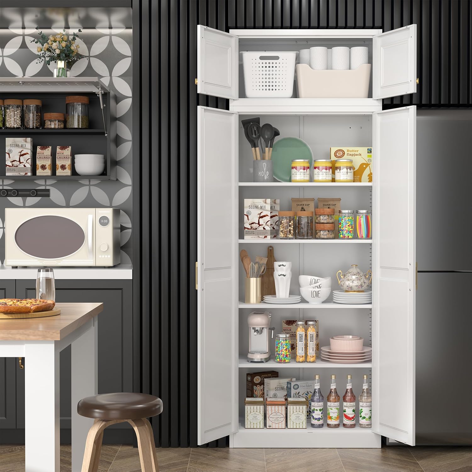 Steeloong 71"Metal Pantry Storage Cabinet with Doors & 4 Adjustable Shelves | Kitchen Pantry Cabinet,White Kitchen Cabinet with 2 Gold Handles,Tall Cabinet for Livingroom,Pantry, Bathroom,Kitchen
