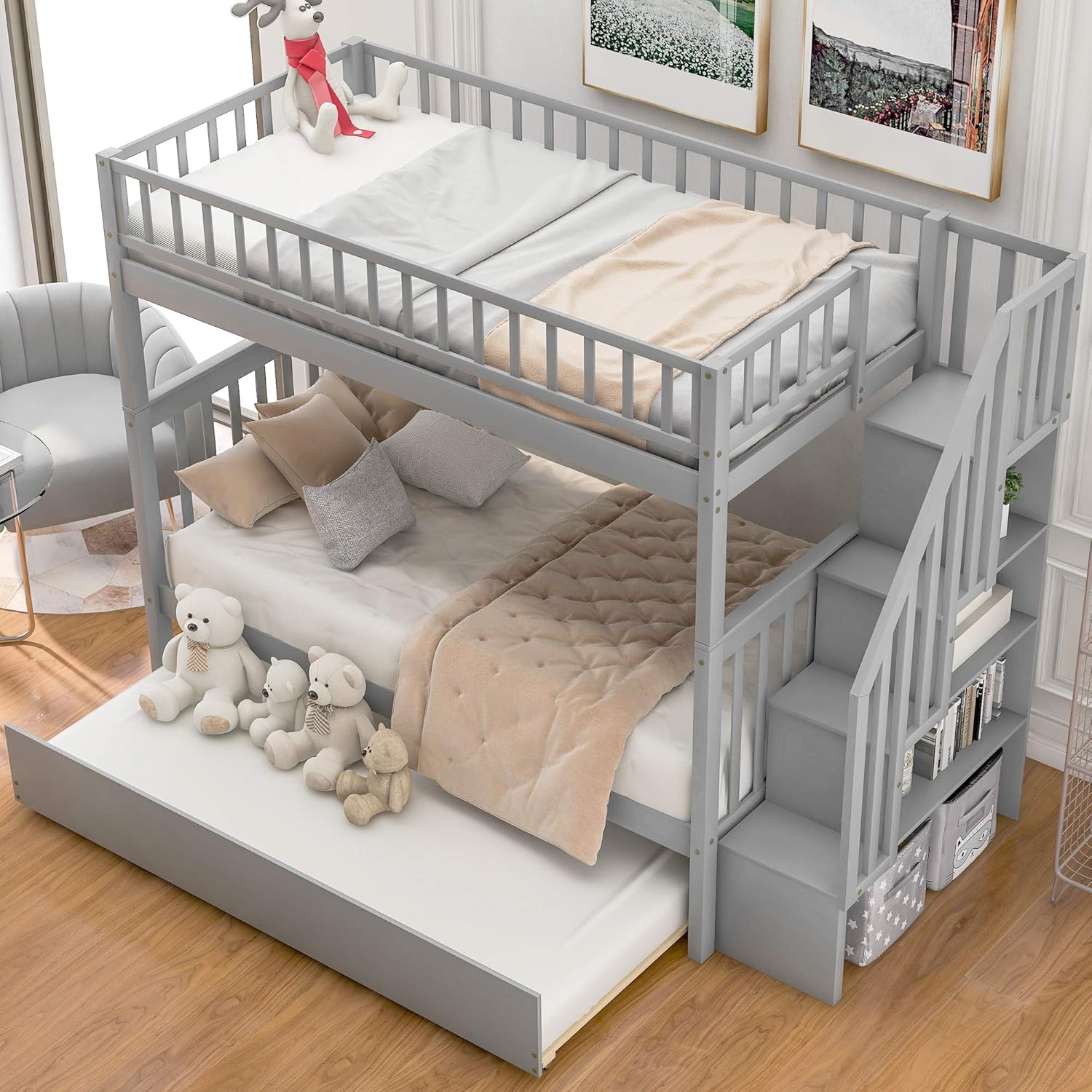 Bellemave Full Over Full Bunk Beds with Stairs Stairway Bunk Bed Frame with Storage Shelves for Teens Adult, Detachable Wood Full Bunk Bed, Gray