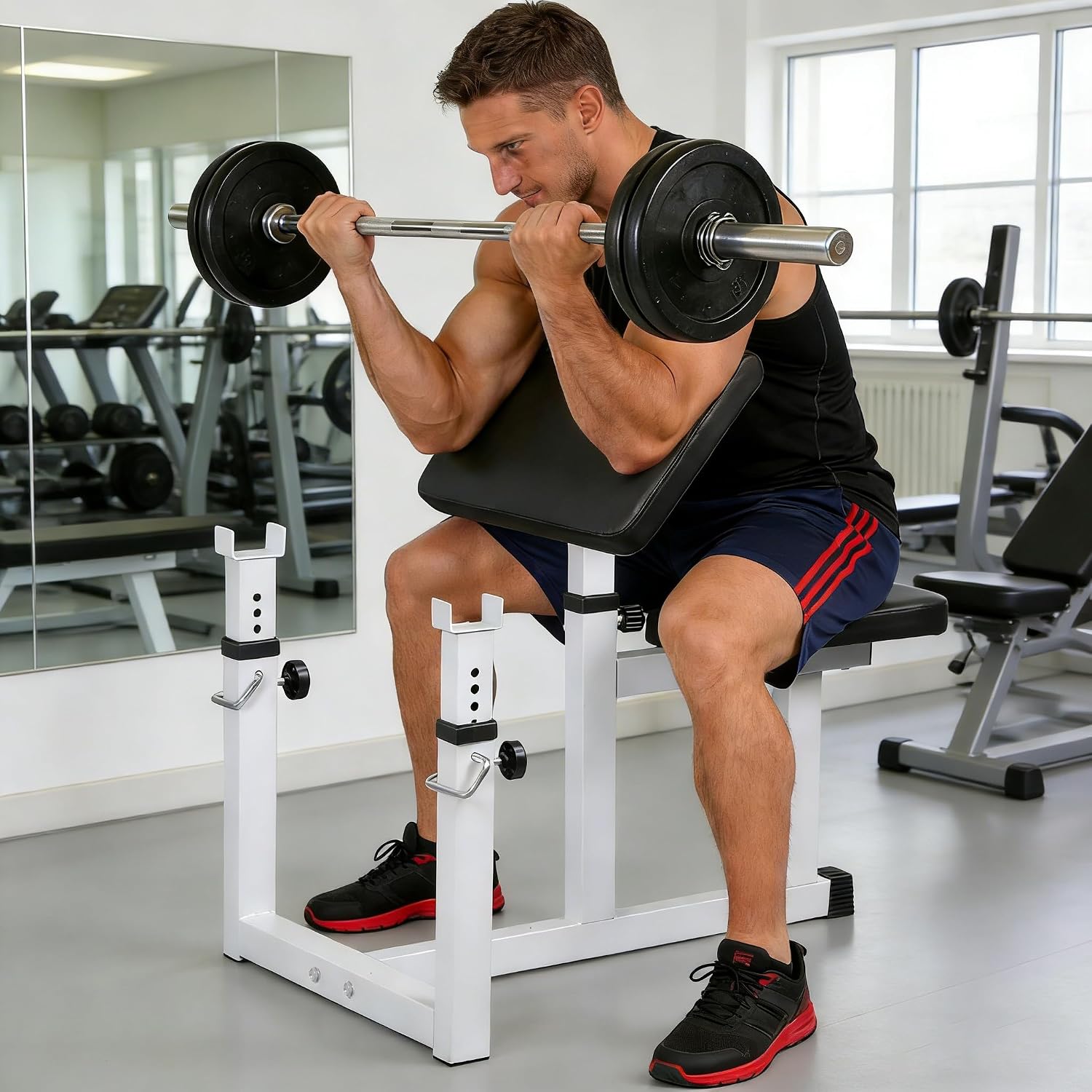 ZENY Adjustable Preacher Curl Bench Bicep Tricep Bench with Barbell Rack, Seated Strenghthen Training Isolated Barbell Dumbell Station