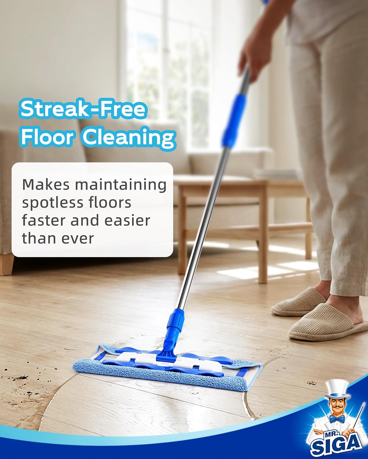 MR.SIGA Professional Microfiber Mop for Hardwood, Laminate Floor Cleaning | Stainless steel telescopic handle, 3 reusable microfiber flat mop refills and 1 dirt removal scrubber included