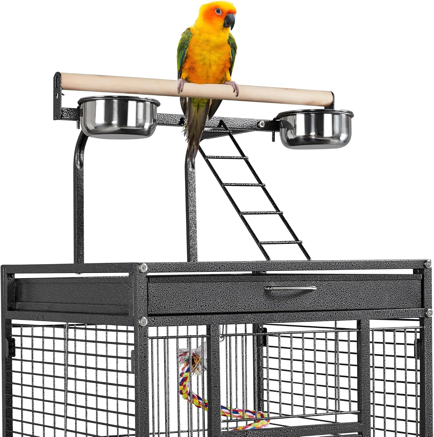 Yaheetech Wrought Iron Bird Cages, Play Top Large Aviary with Stand for Cockatiel Parrot Sun Parakeet Conures Lovebird Budgie Finch African Grey White, 61-inch
