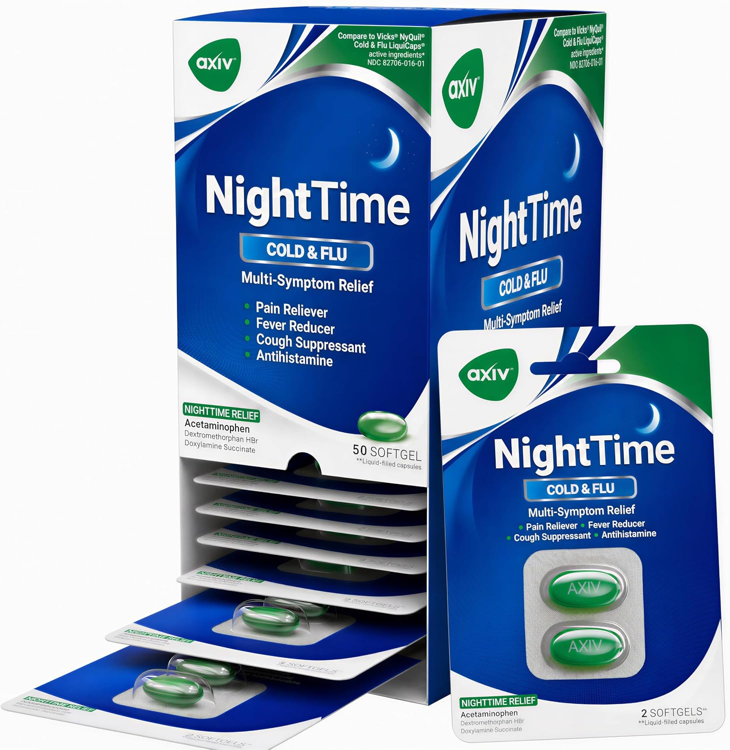 AXIV Nighttime Cold & Flu Relief Softgels, Multi-Symptom Nighttime Relief for Headache, Fever, Sore Throat, Minor Aches and Pains, Sneezing, Runny Nose, and Cough 24 Count