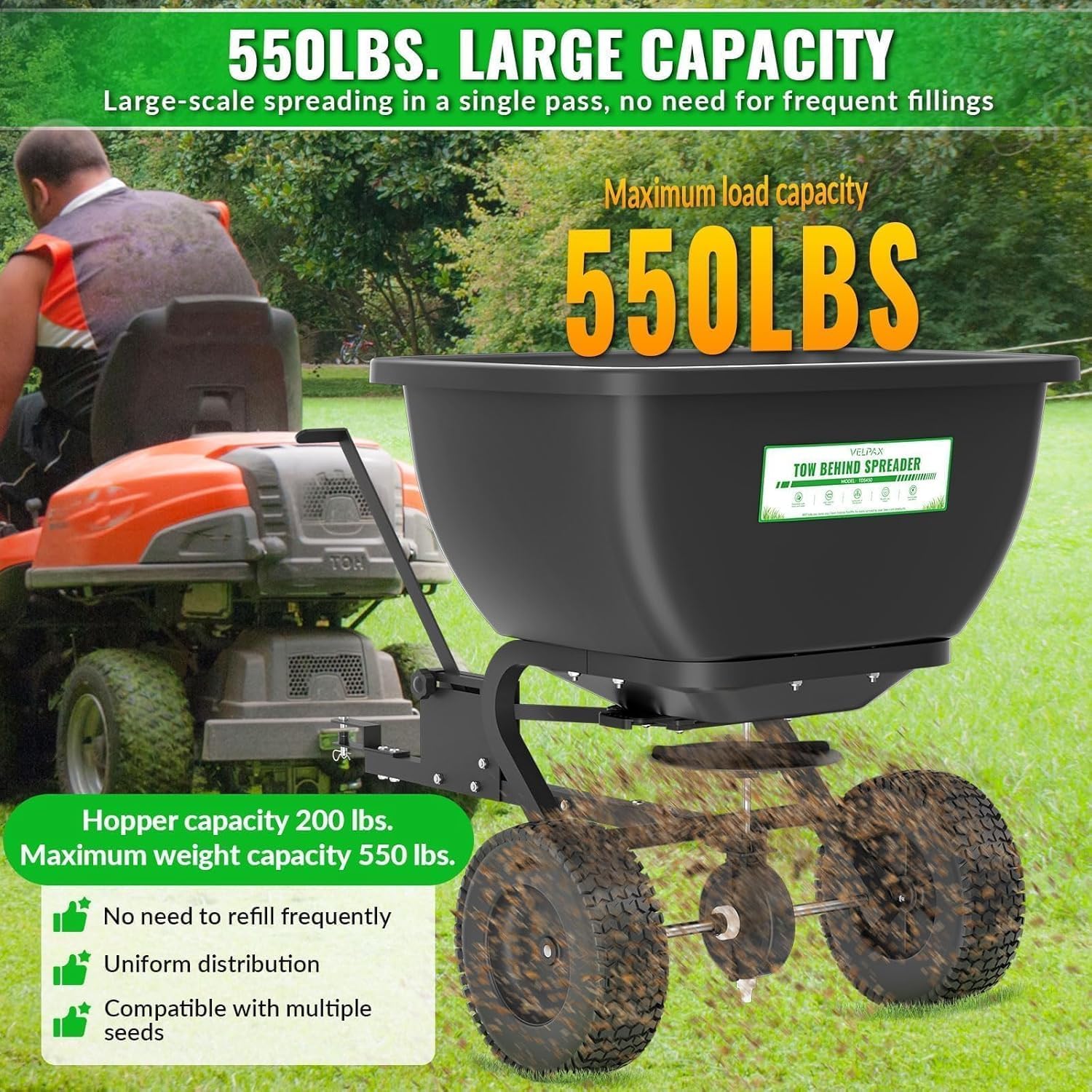 VELPAX 200LB Tow Behind Broadcast Spreader, Fertilizer Spreader Holds up to 550 lbs with 13" Pneumatic Tires and Adjustable Flow Control Lever