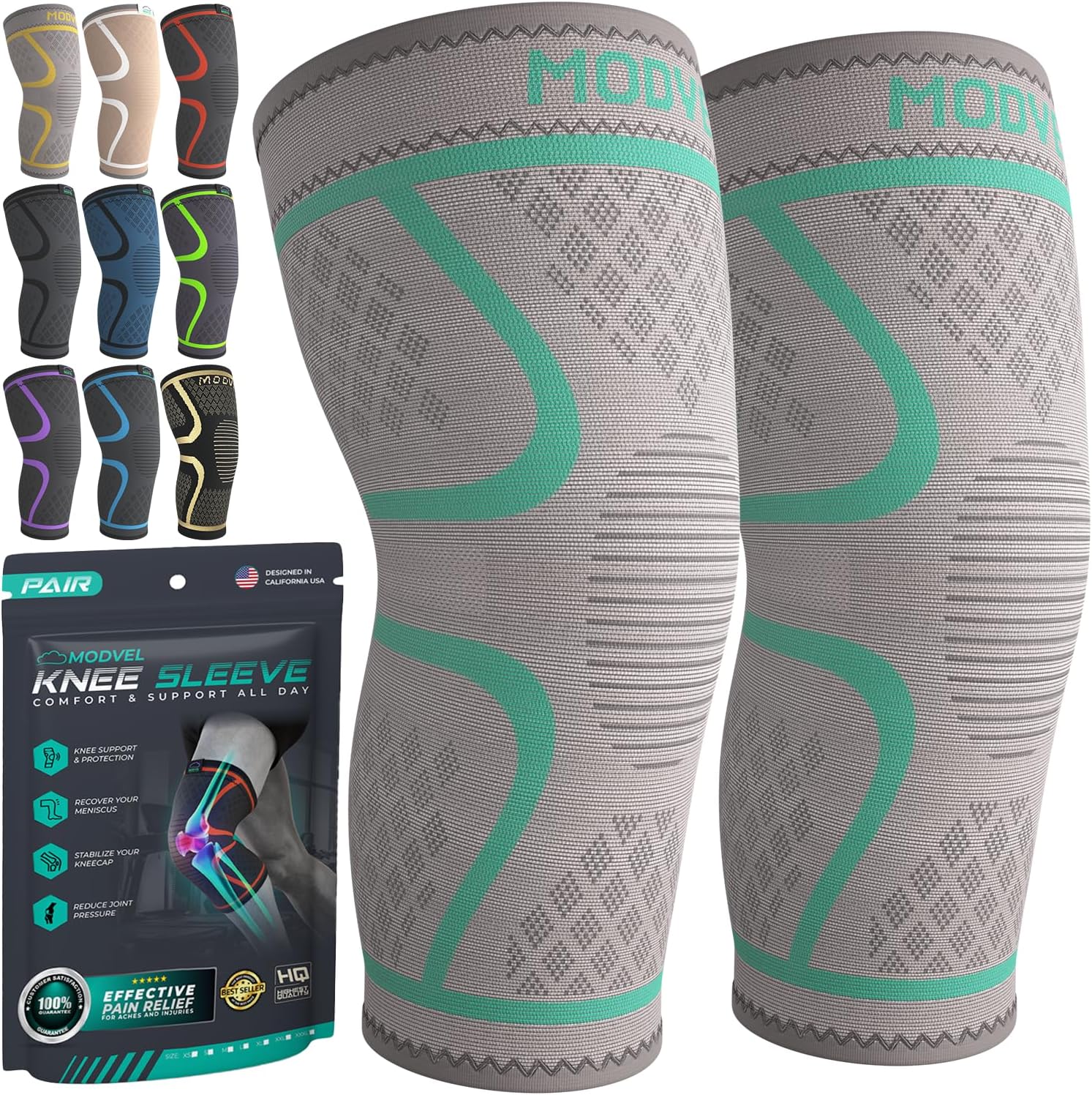 Modvel Compression Knee Brace for Women & Men - 2 Pack Knee Brace for Women Running Knee Pain, Knee Support Compression Sleeve