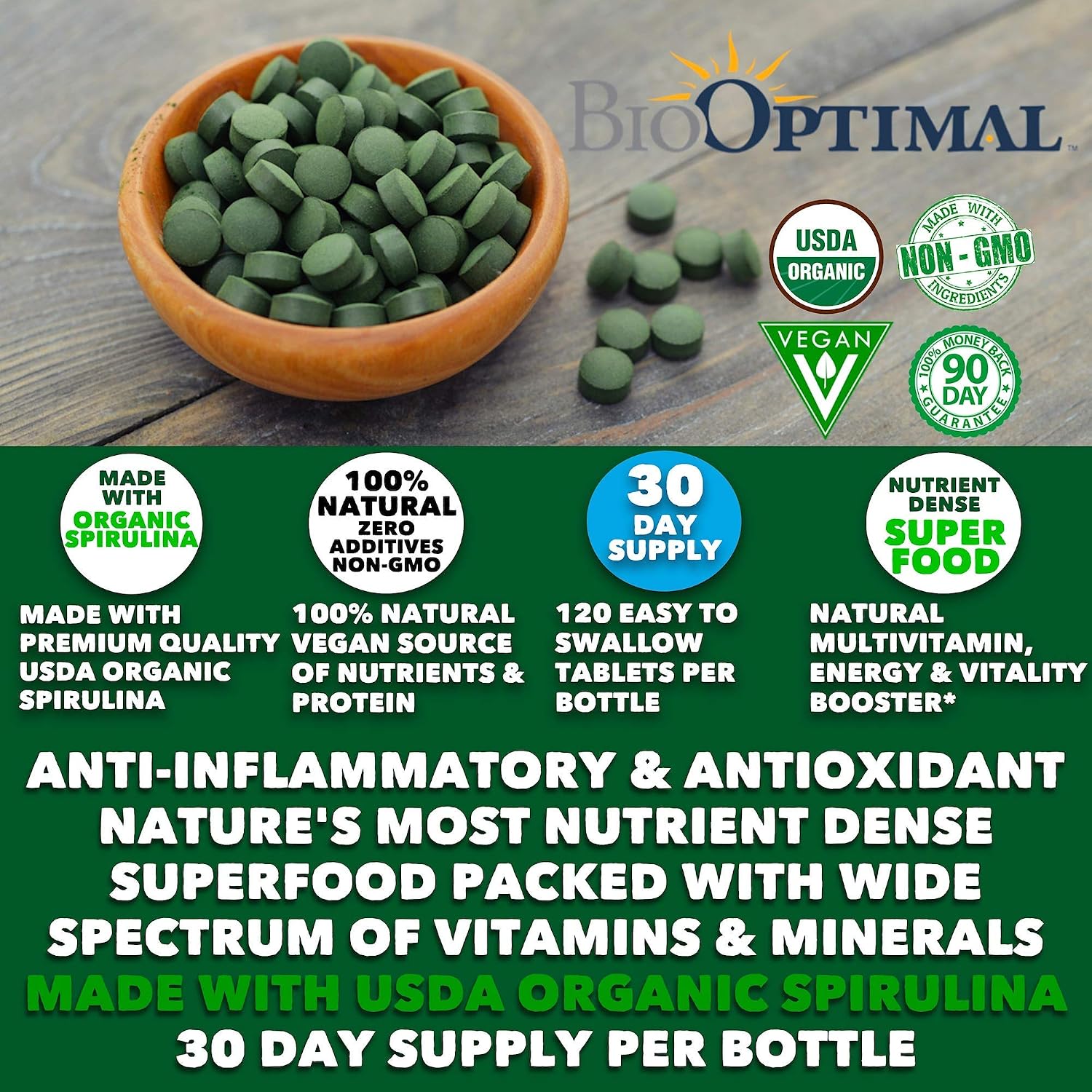 BioOptimal Chlorella Spirulina - Bundle - Organic Chorella Tablets & Organic Spirulina Tablets, 120 Count Each