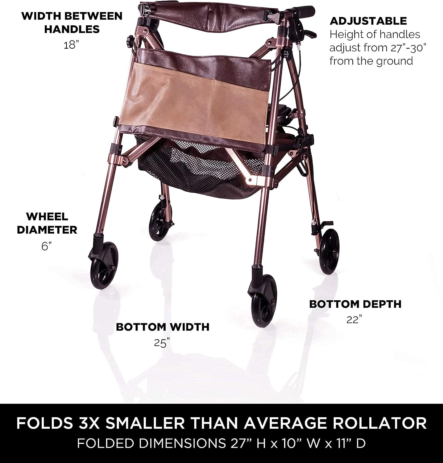 Signature Life Elite Travel Rollator Short, Junior Foldable and Lightweight Four Wheel Rolling-Walker with Seat for Adults, Seniors and Elderly