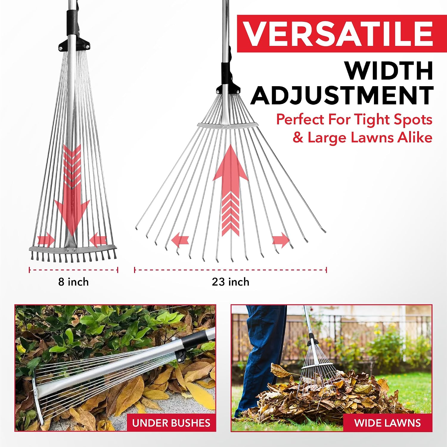 J16A Adjustable Metal Leaf Rake with Expandable Head 8-23", Collapsible & Telescopic Grass Rake for Lawns, Garden & Yard, Ideal for Leaves