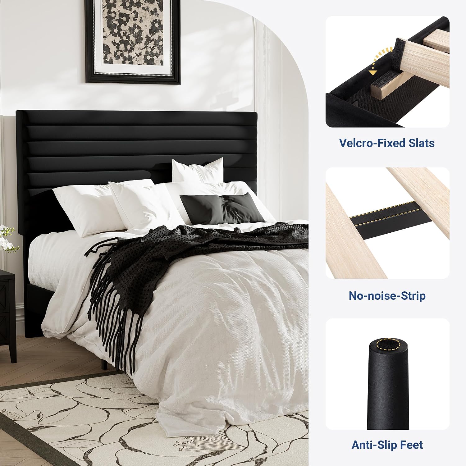 Allewie Queen Bed Frame, Velvet Upholstered Platform Bed with Adjustable Headboard, Horizontal Channel Design, Wood Slat Support, No Box Spring Needed, Noise Free, Easy Assembly, White