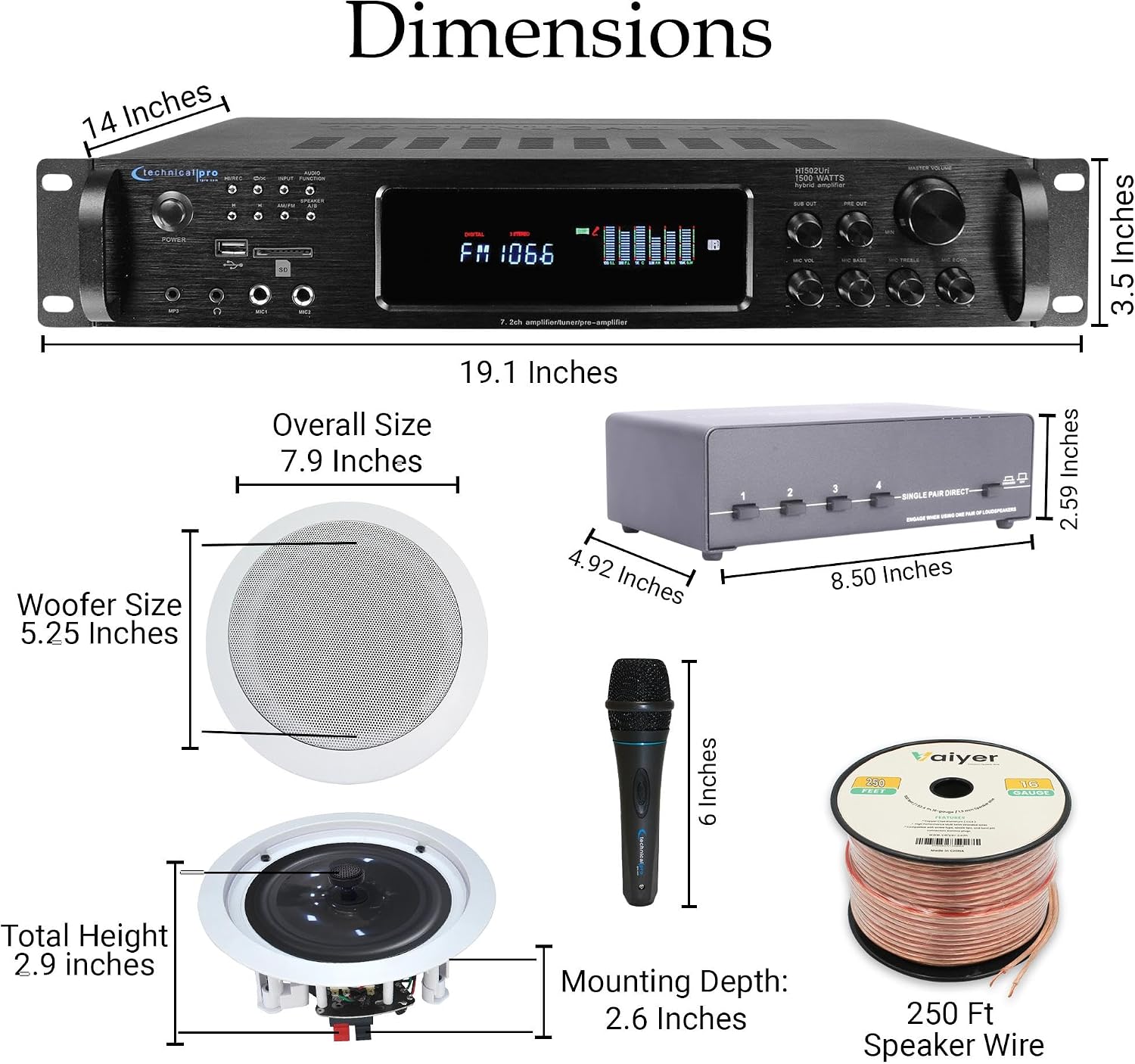 Vaiyer Home Audio System Kit, 7.2 Channel 1500W Bluetooth Amplifier | w/ 8 Qty of 5.25" Ceiling Speakers 175W Each, 4-Ch Speaker Selector