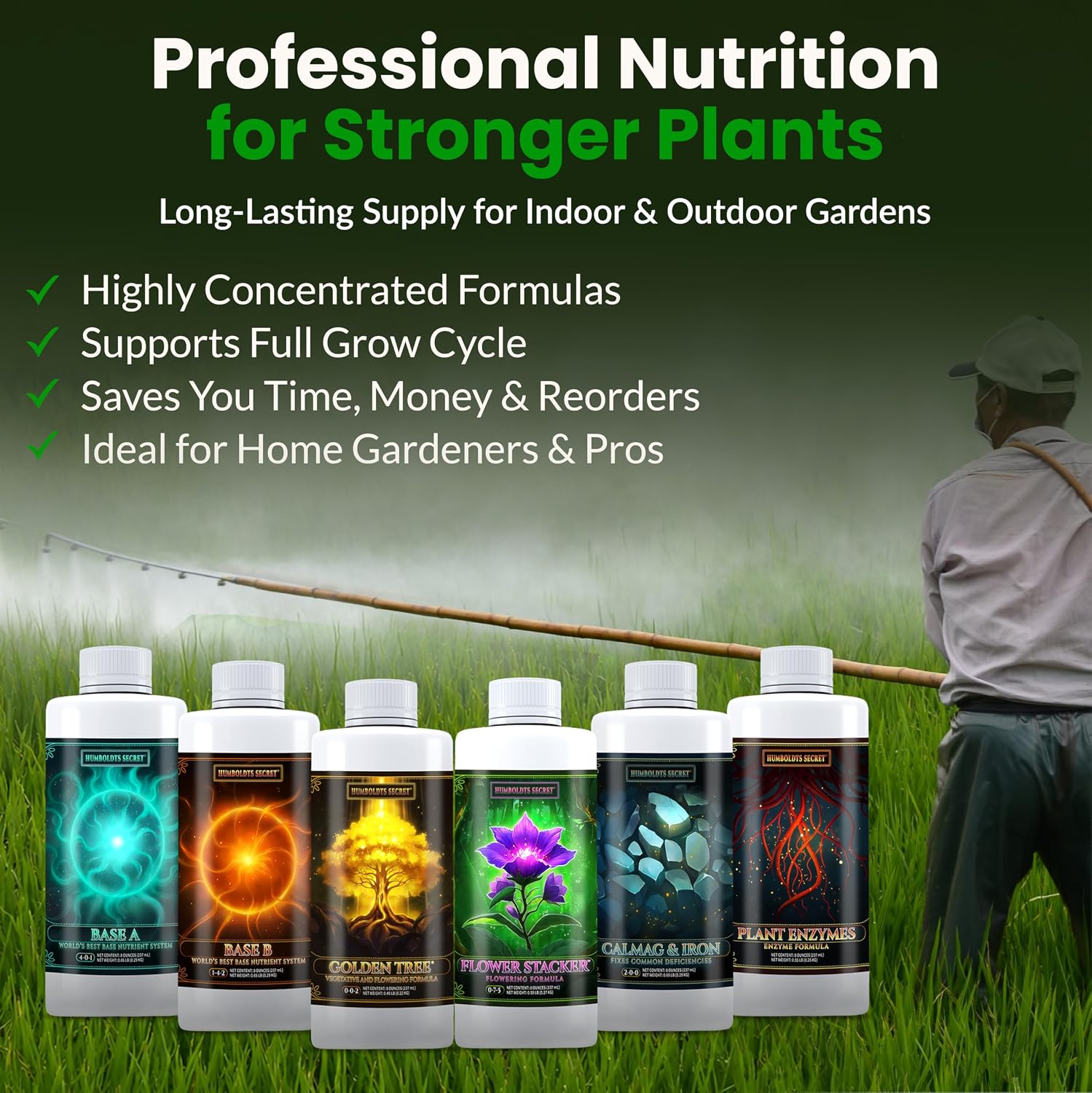 Humboldts Secret Starter Kit Pack | Indoor and Outdoor Plant Fertilizer and Hydroponic Nutrients | Base A & B, CalMag and Iron, Golden Tree, Flower Stacker, Plant Enzymes | Complete Garden System