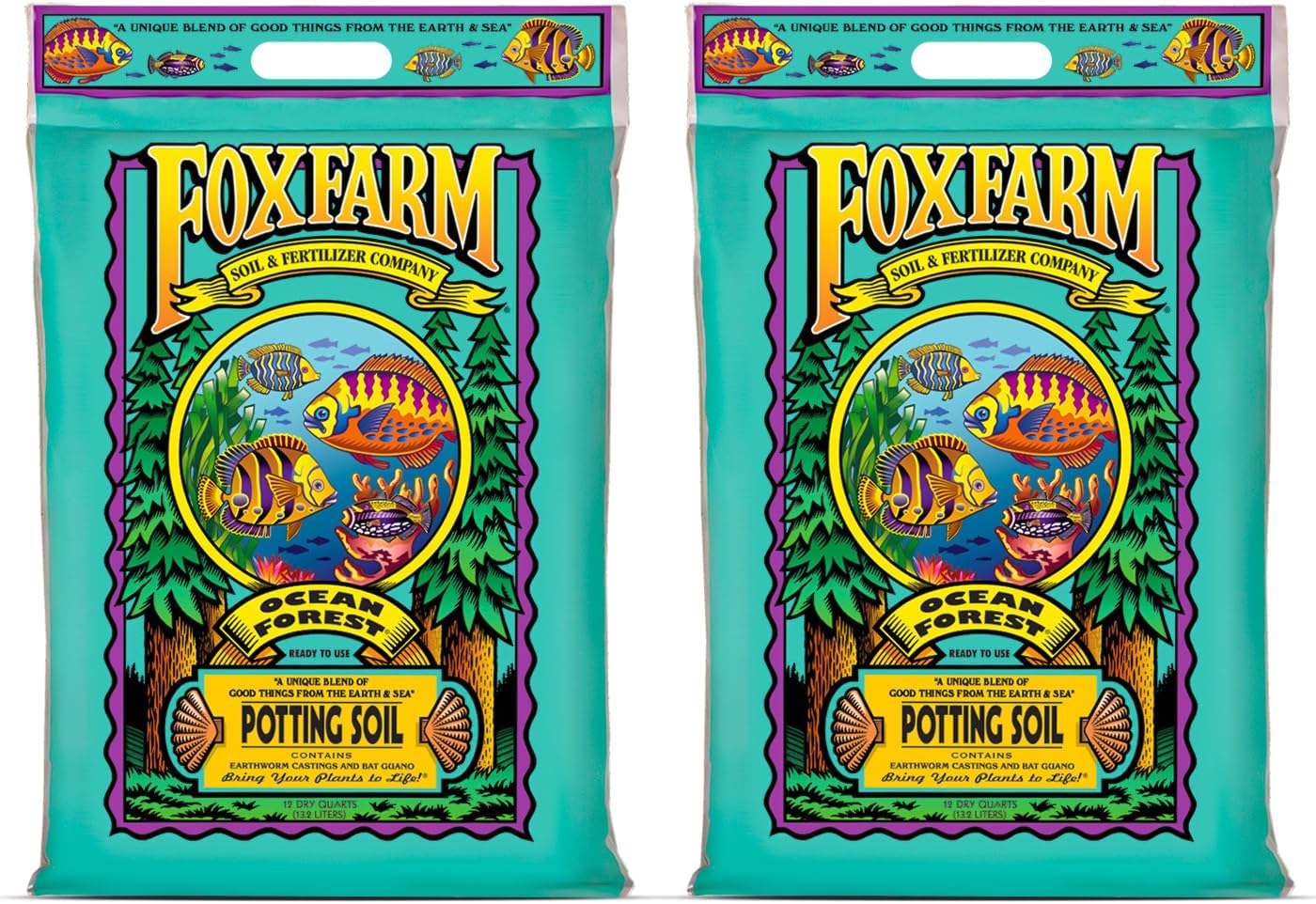 FoxFarm Ocean Forest Potting Soil for Container Gardens - Light, Aerated Texture with Fish Meal, Crab Meal, Earthworm Castings - Houseplant Potting Mix for Seedlings & Plant Starts - 4 x 12 Quart