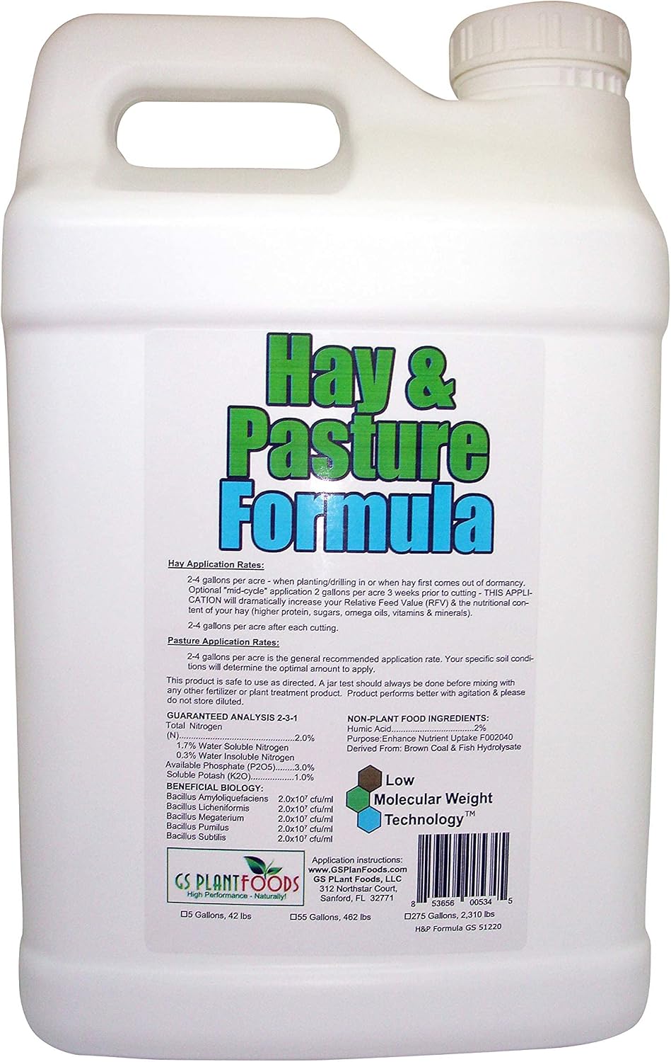 Hay & Pasture Formula by GS Plant Foods- Organic Pasture Fertilizer with Humic Acid & Fulvic Acid (5 Gallon) - Pasture Grass Formula for Higher