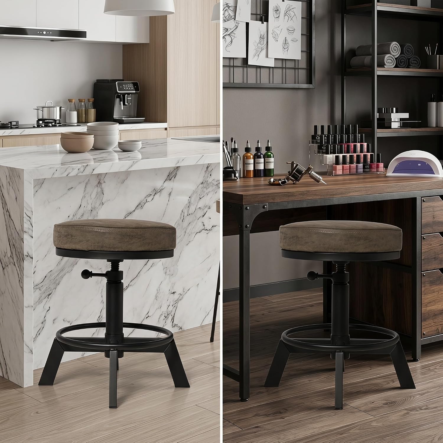Set of 2 Industrial Bar Stools Short Stool Swivel Wooden Seat Kitchen Island Chairs Counter Height Adjustable 15.2-21inch