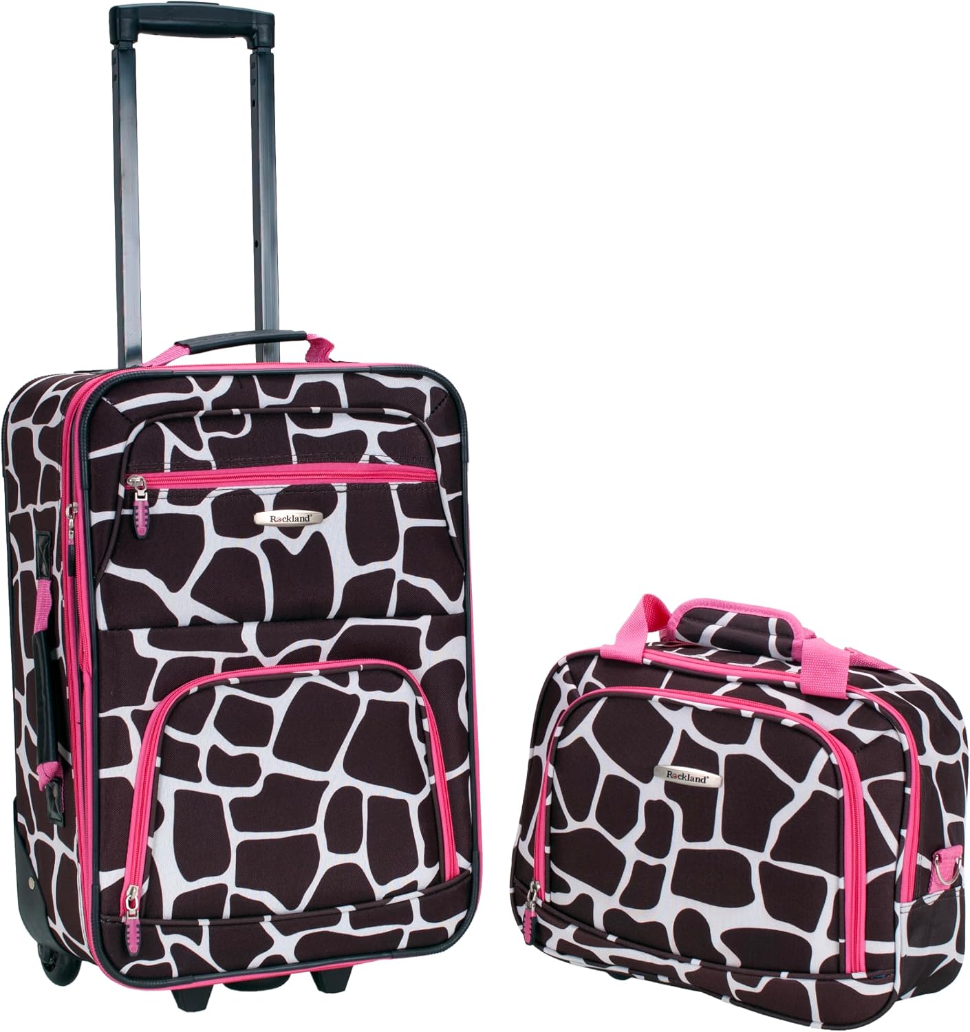 Rockland Fashion Softside Upright Luggage Set,Expandable, Telescopic Handle, Wheel, Black Dot, 2-Piece (14/19)
