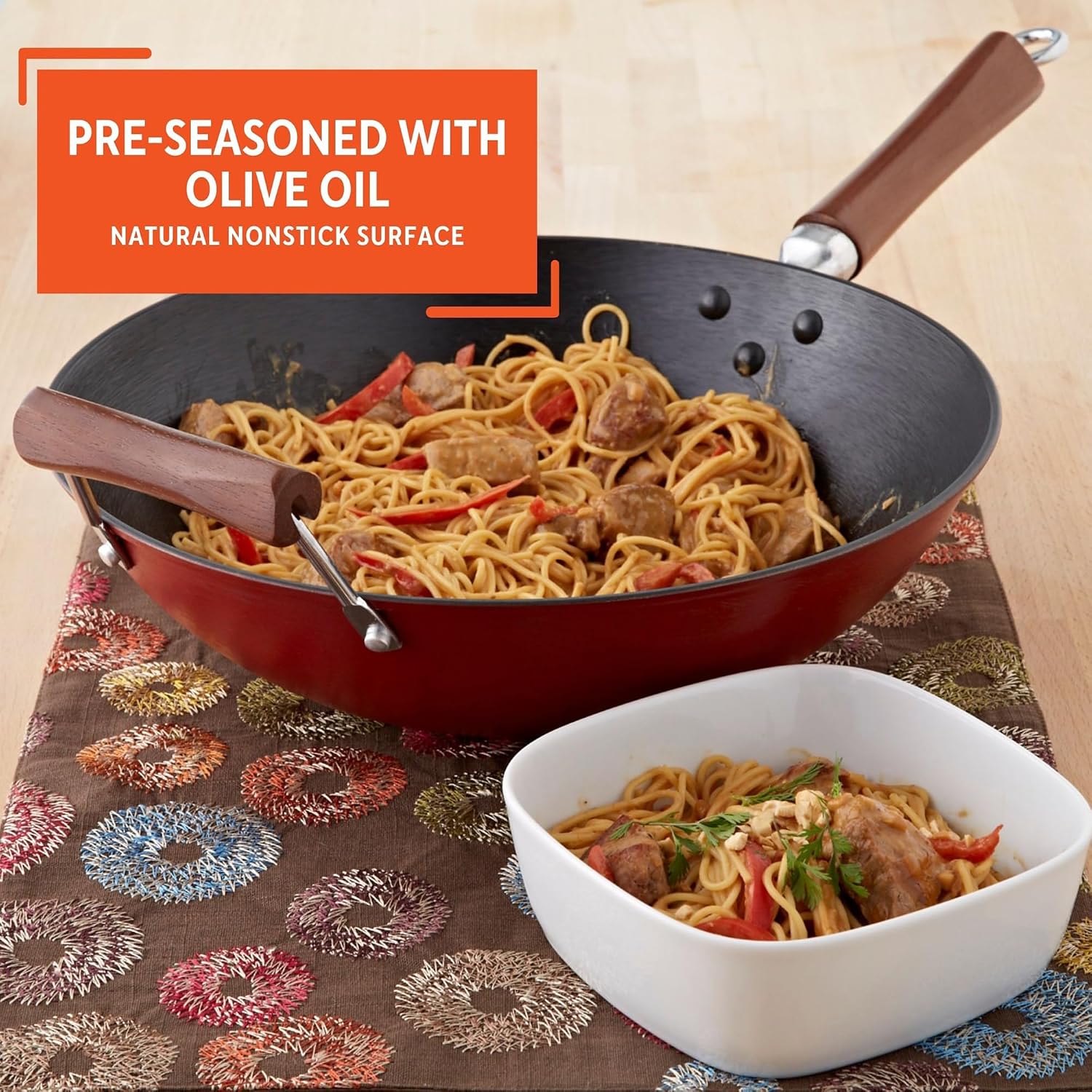 IMUSA USA GKG-61021 Light Cast Iron Wok, 14", Red Handles | Ideal for Stir-Frying and Deep Frying, Great for Everyday Cooking