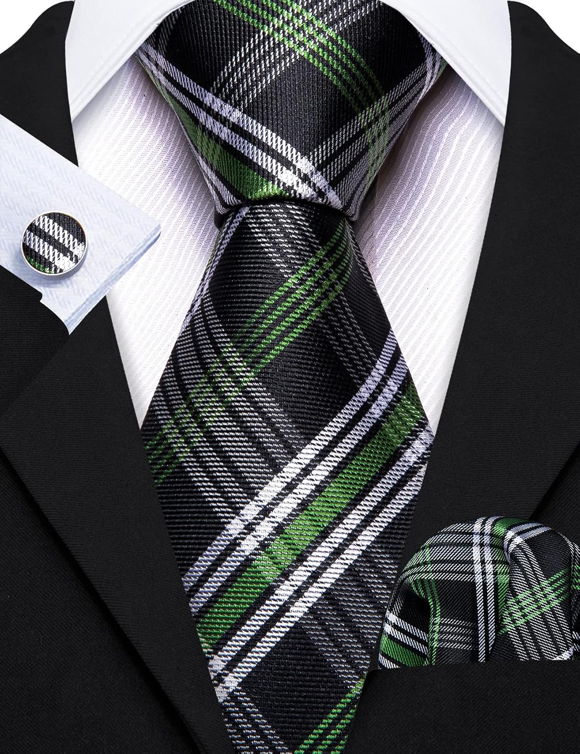Barry.Wang Plaid Ties for Men Silk Necktie Handkerchief Cuff Links Set