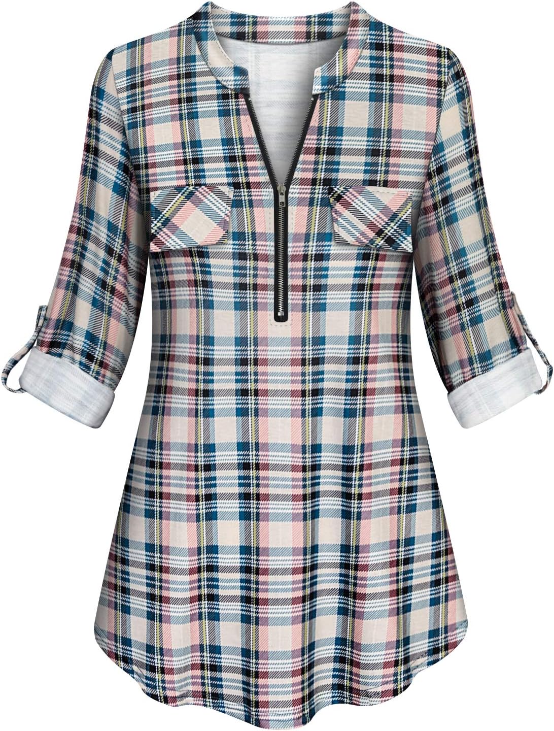 Tanst Sky Womens Casual Long Sleeve Zipped V Neck Plaid Tunic Blouses