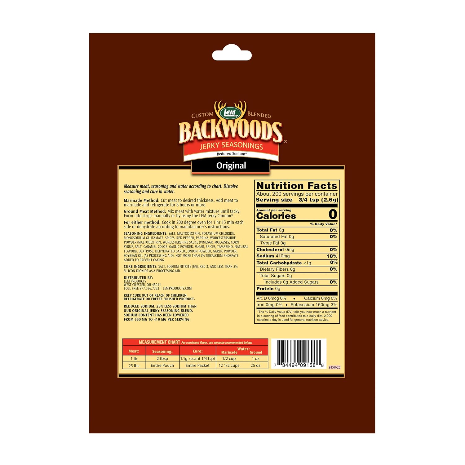 LEM Products Backwoods Reduced Sodium Original Jerky Seasoning, 18.3 oz | Pre-Measured Seasoning and Cure for Wild Game and Domestic Meat