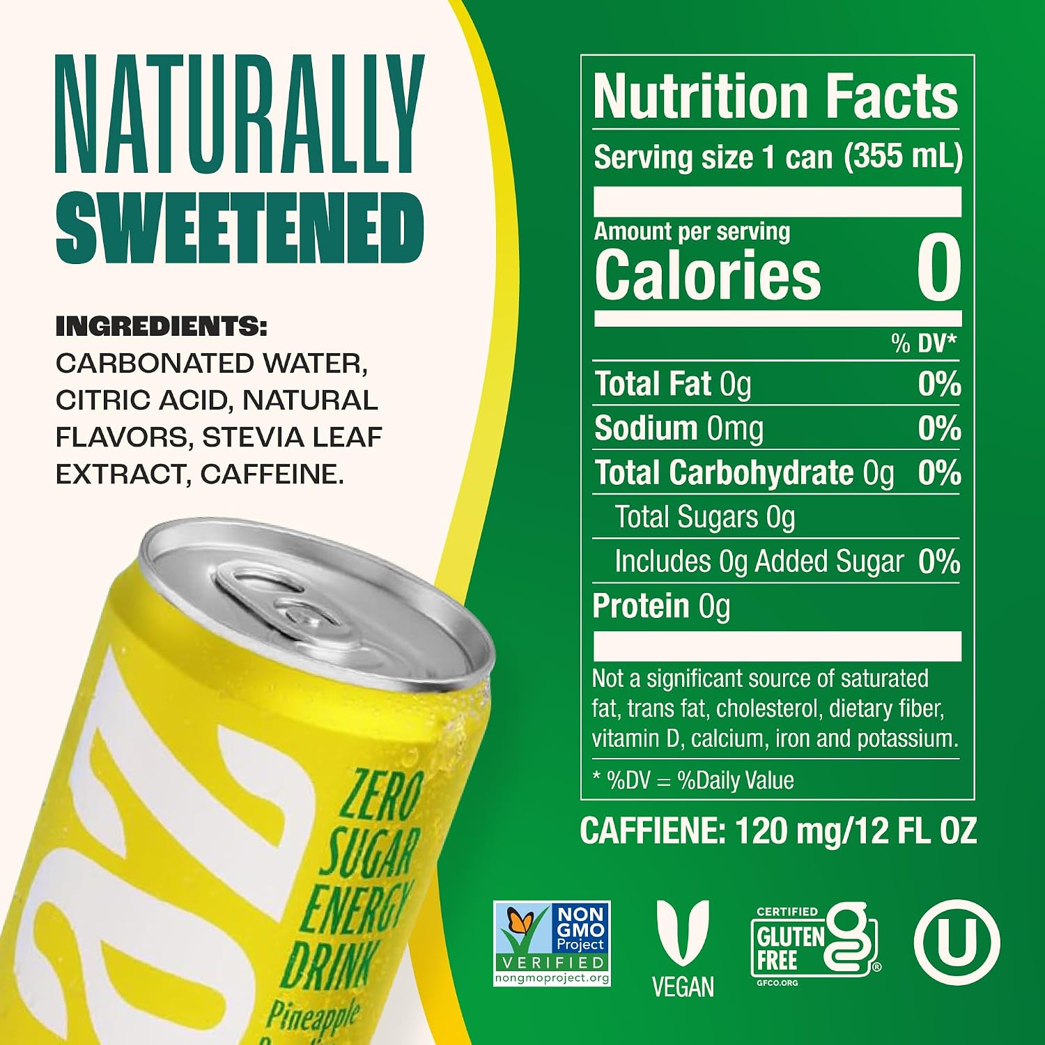 Zevia Zero Sugar Energy Drink, Raspberry Lime, 12 oz Cans (12-Pack) – Naturally Sweetened, Zero Calorie Sugar Free Energy - Non-GMO Project Verified, Gluten-Free, Vegan