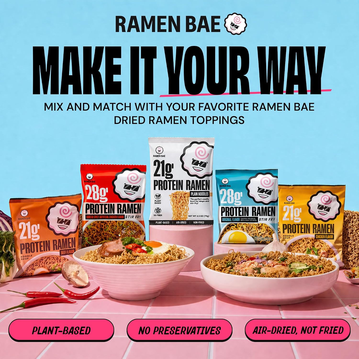 Ramen Bae Original Stir Fry Protein Noodles - 28g Protein, Garlic Soy | Air Dried Not Fried, Plant Based, Vegan Protein Noodles - Lower Carb & Fat - Savory & Bold with Hint of Spice (Pack of 6)