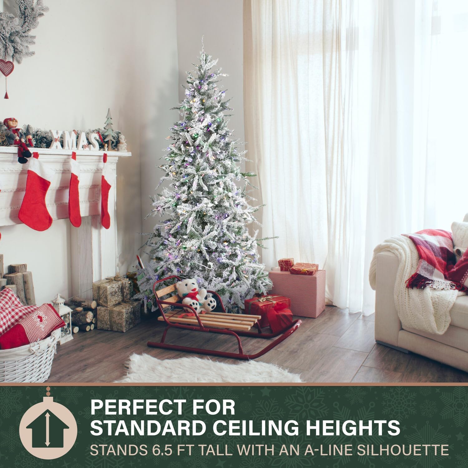 Fraser Hill Farm 7.5-Ft. Mountain Pine Flocked Artificial Christmas Tree with Stand, Unlit Foldable Fake Tree with Realistic Snowy Foliage for Home Decoration