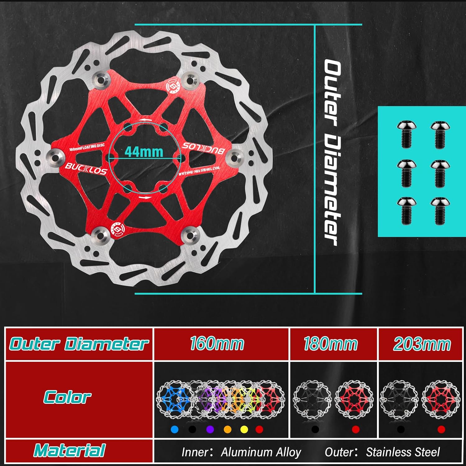 BUCKLOS 160mm 180mm 203mm Floating Disc Brake Rotor, Stainless Steel MTB Brakes Rotors with 6PC Bolts