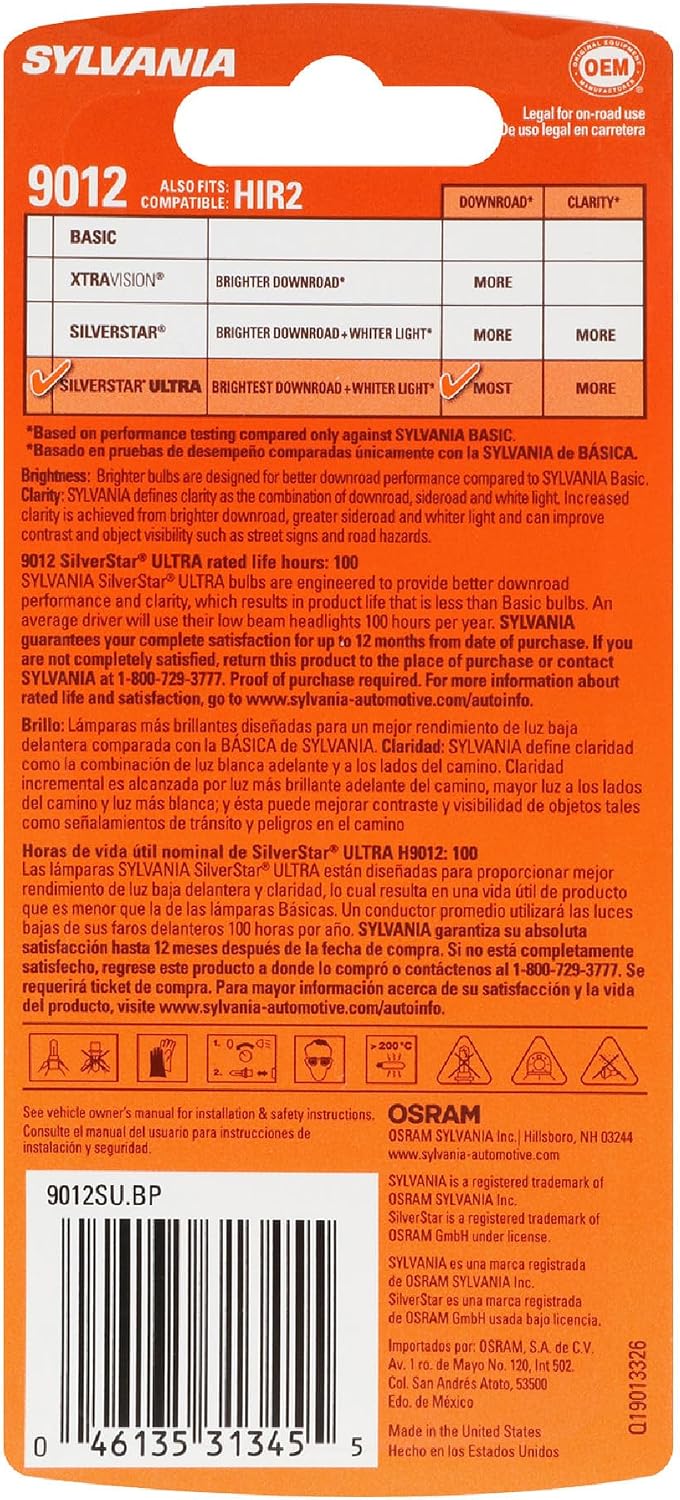 SYLVANIA - 9012 SilverStar Ultra - High Performance Halogen Headlight Bulb, High Beam, Low Beam and Fog Replacement Bulb