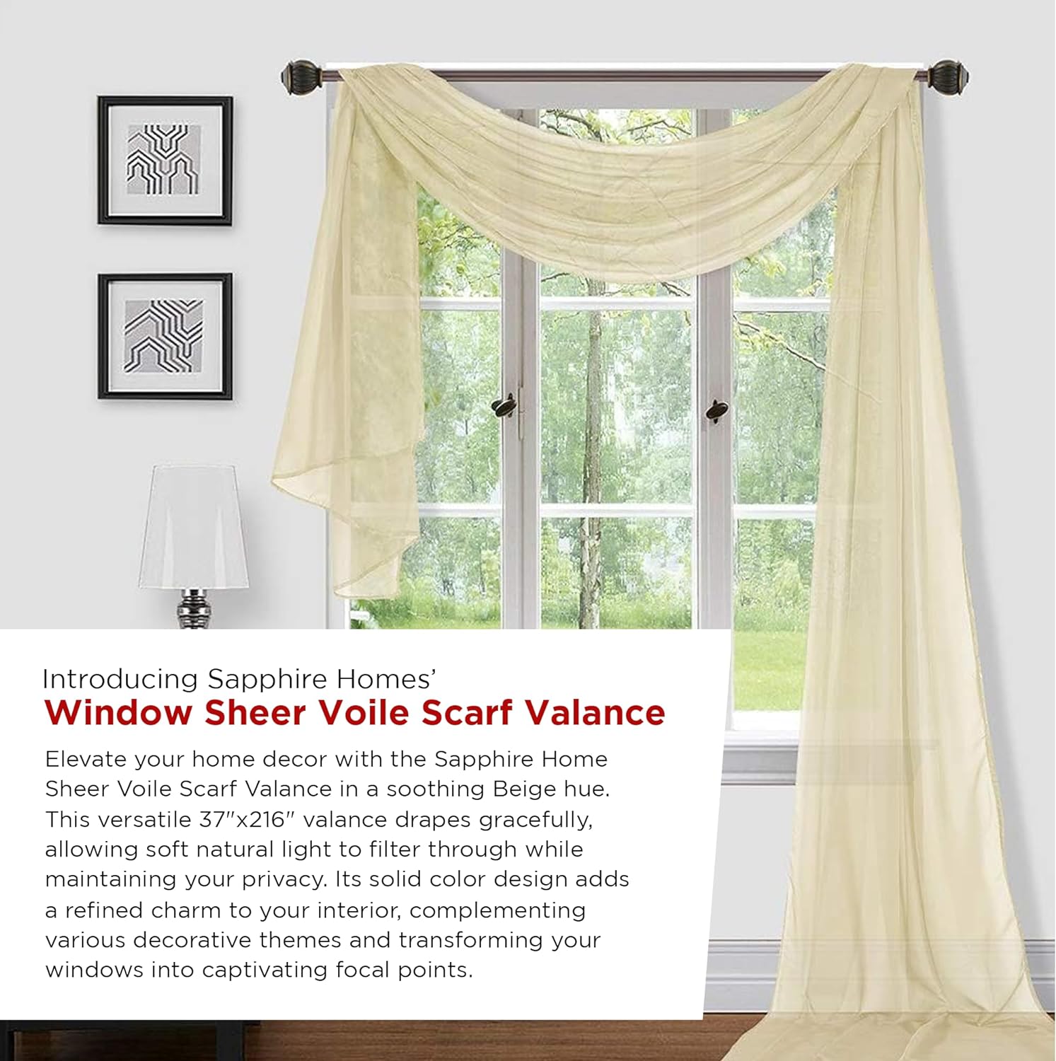 Sapphire Home Window Scarf Valance Curtains - Extra Long Sheer Valances for Windows - Voile Swag Curtains for Living Room, Kitchen, and Bedroom Decor