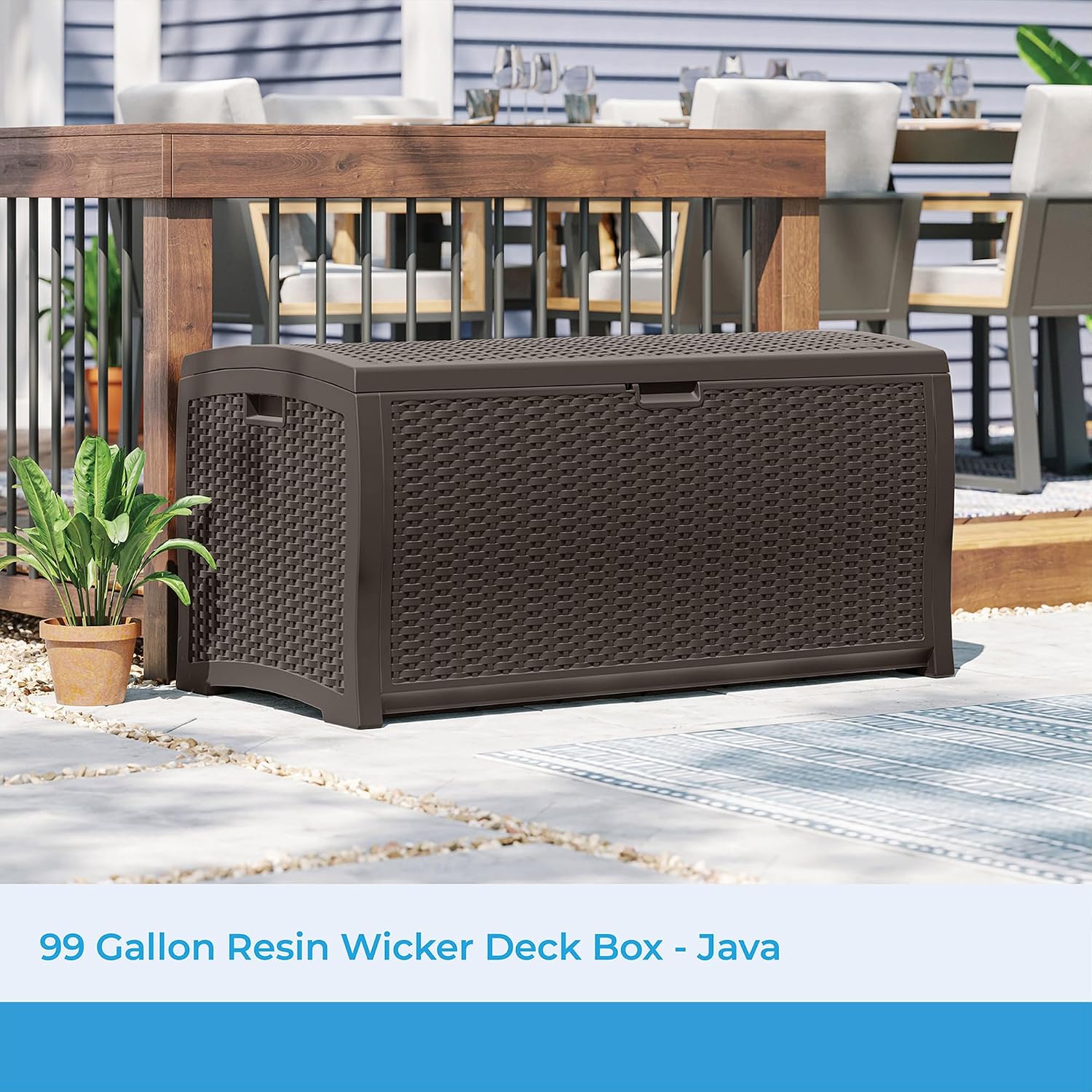 Suncast 99 Gal Wicker Resin Deck Box, Storage Chest Bin with Handles, Java