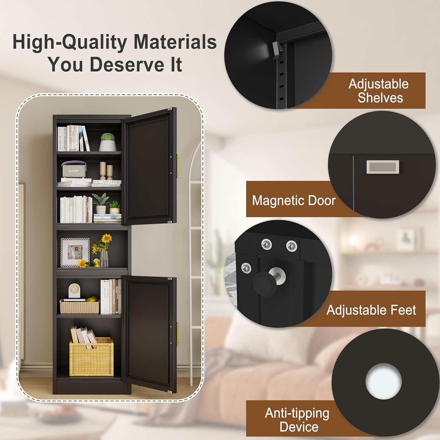 pozdeg 67" Tall Narrow White Metal Storage Cabinet | 2 Doors, 4 Adjustable Shelves, Freestanding Slim Pantry Organizer for Bathroom Kitchen Living Room