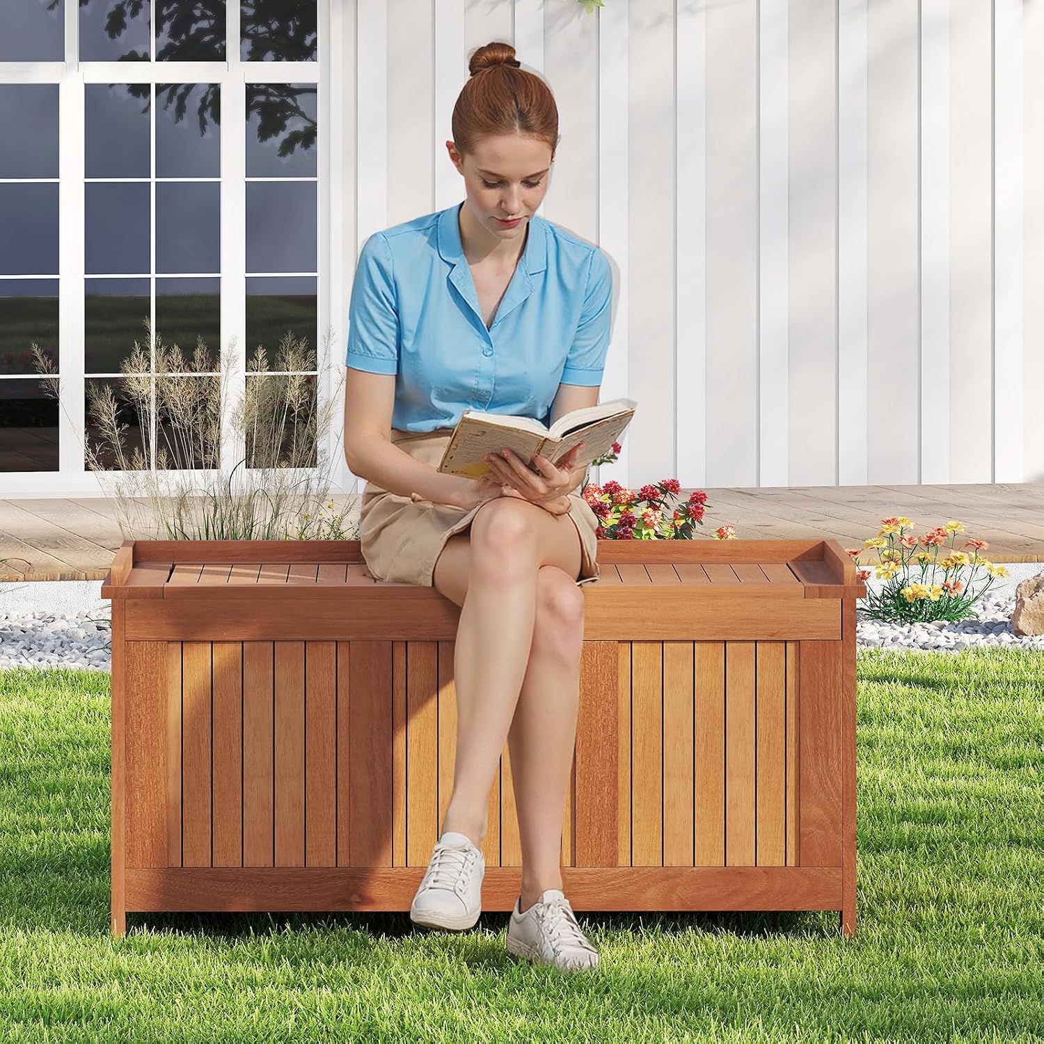 Tangkula 46 Gallon Acacia Wood Deck Box, Garden Backyard Storage Bench, Outdoor Storage Container for Patio Furniture Cushions and Gardening Tools