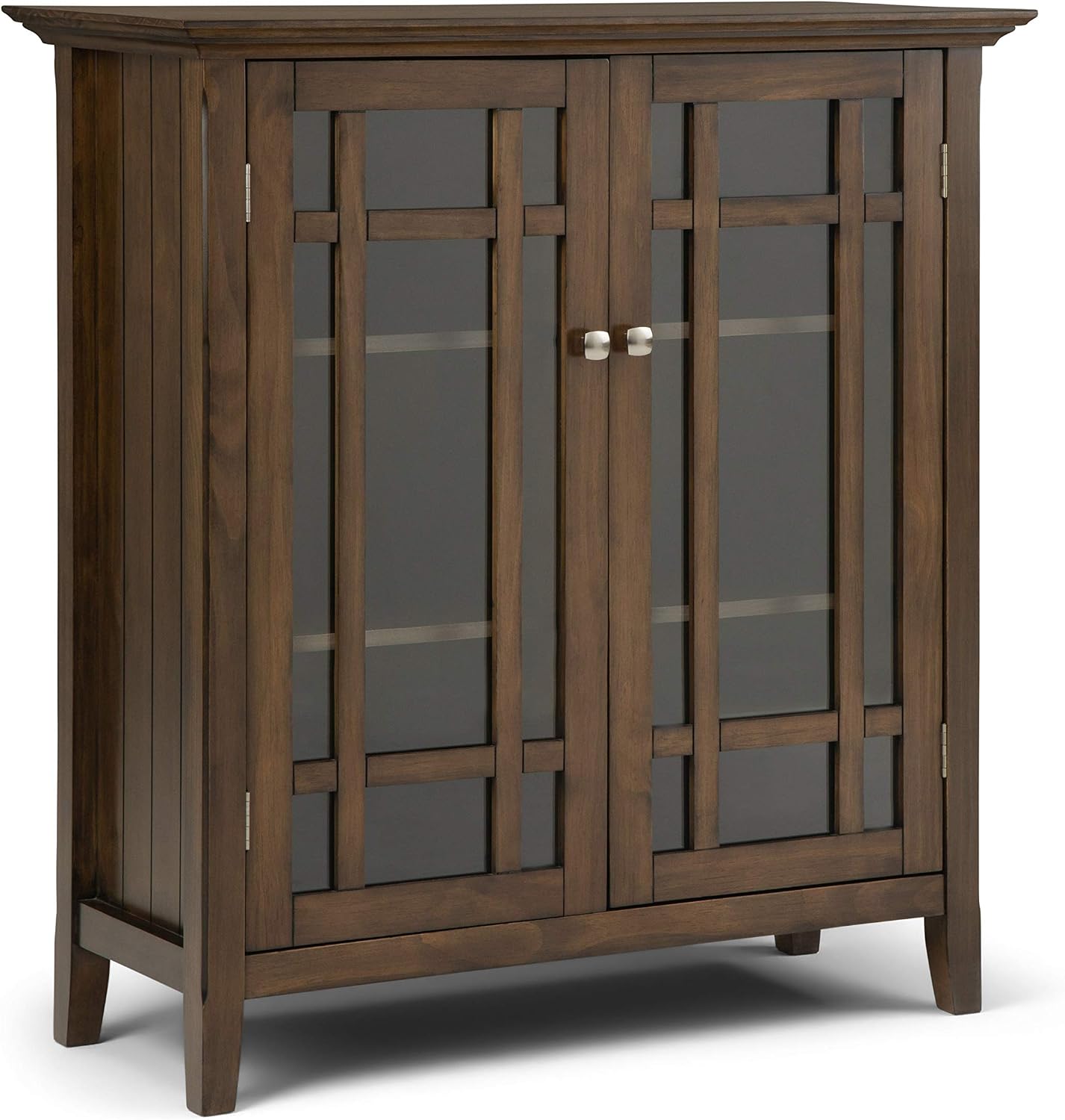 SIMPLIHOME Bedford 62" Wide Solid Wood Sideboard in Brunette Brown | Transitional low media console with glass doors and storage shelves for the living room, entryway or dining room.