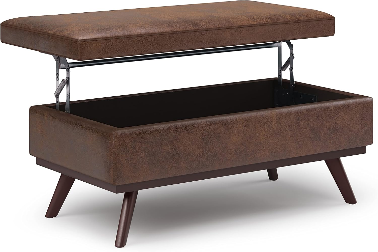 SIMPLIHOME Owen 34" Wide Vegan Leather Lift Top Ottoman in Dark Blue