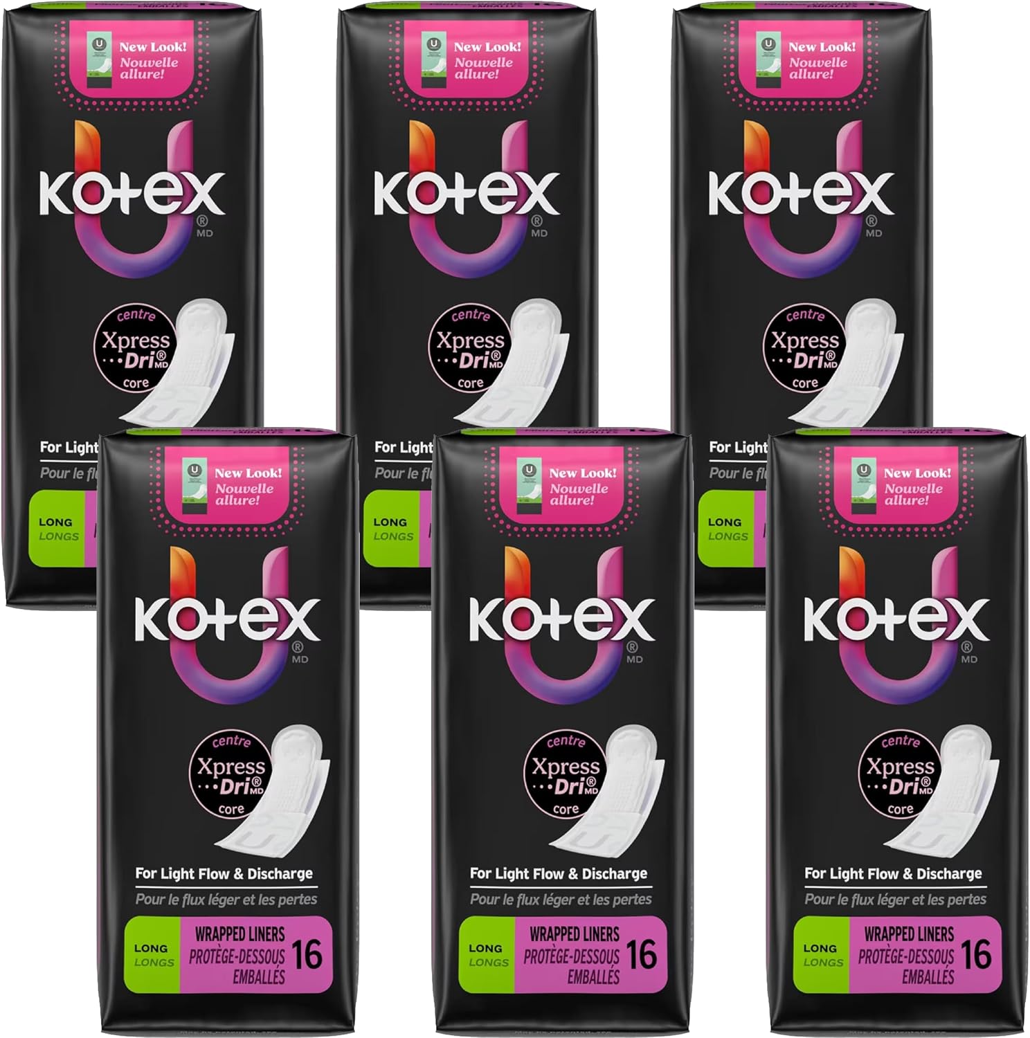 Kotex Lightdays Liner, Long, 16 Count, (Pack of 6)