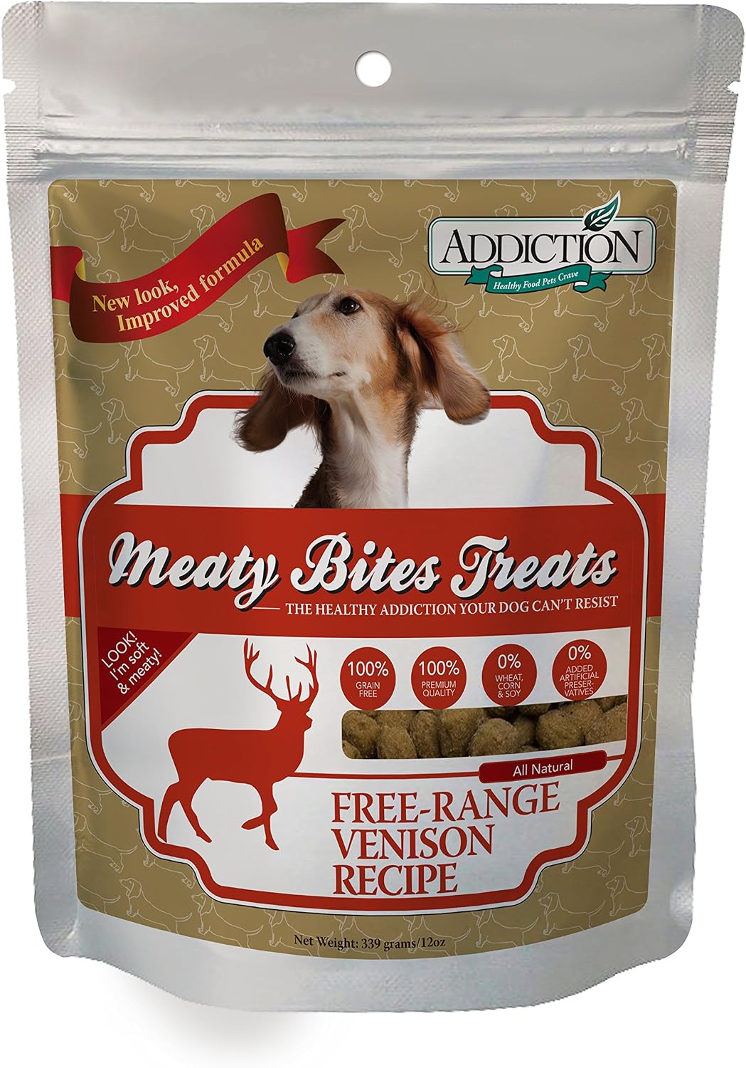 Addiction Venison Recipe Meaty Bites, All Natural Free Range Grain Free High Meat Dog Treats, 4 Oz.