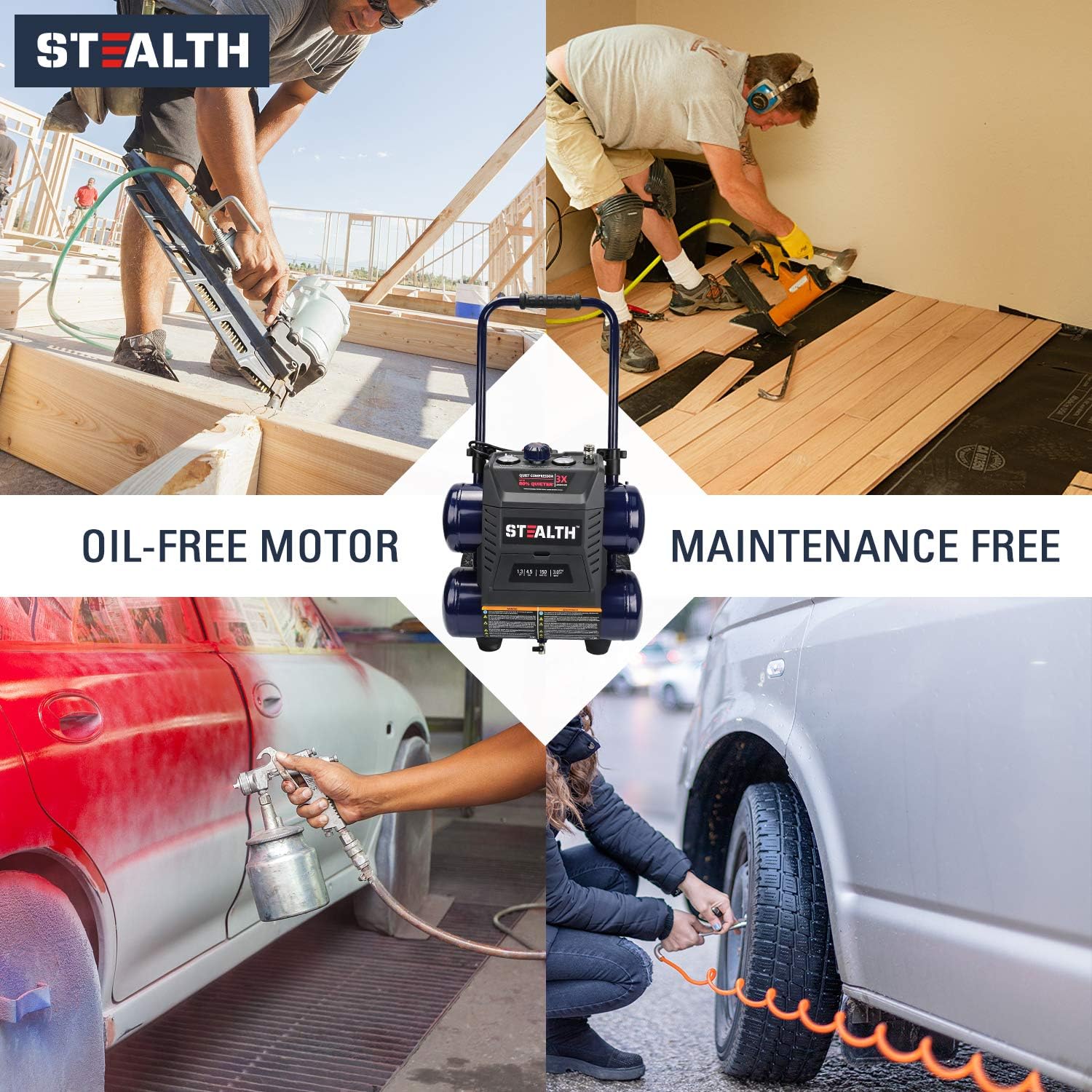 Stealth Quiet Air Compressor with Wheel, 64 Decibel 4.5 Gallon Peak 1.3 HP Max 150 PSI, Oil-Free Air Pump