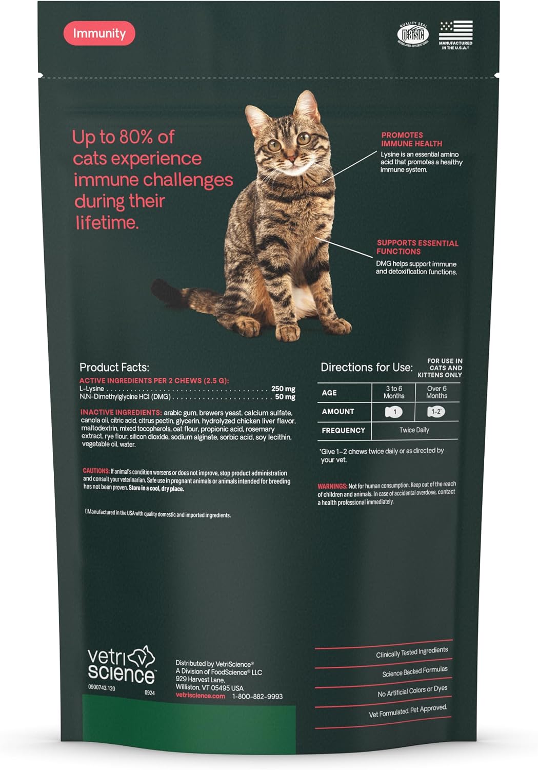 VetriScience Lysine Immunity Health Chews, 250 mg Lysine Plus Immune Supplement for Cats and Kittens with Allergies, Sneezing, Runny Nose and Watery Eyes, Chicken, 120 Count