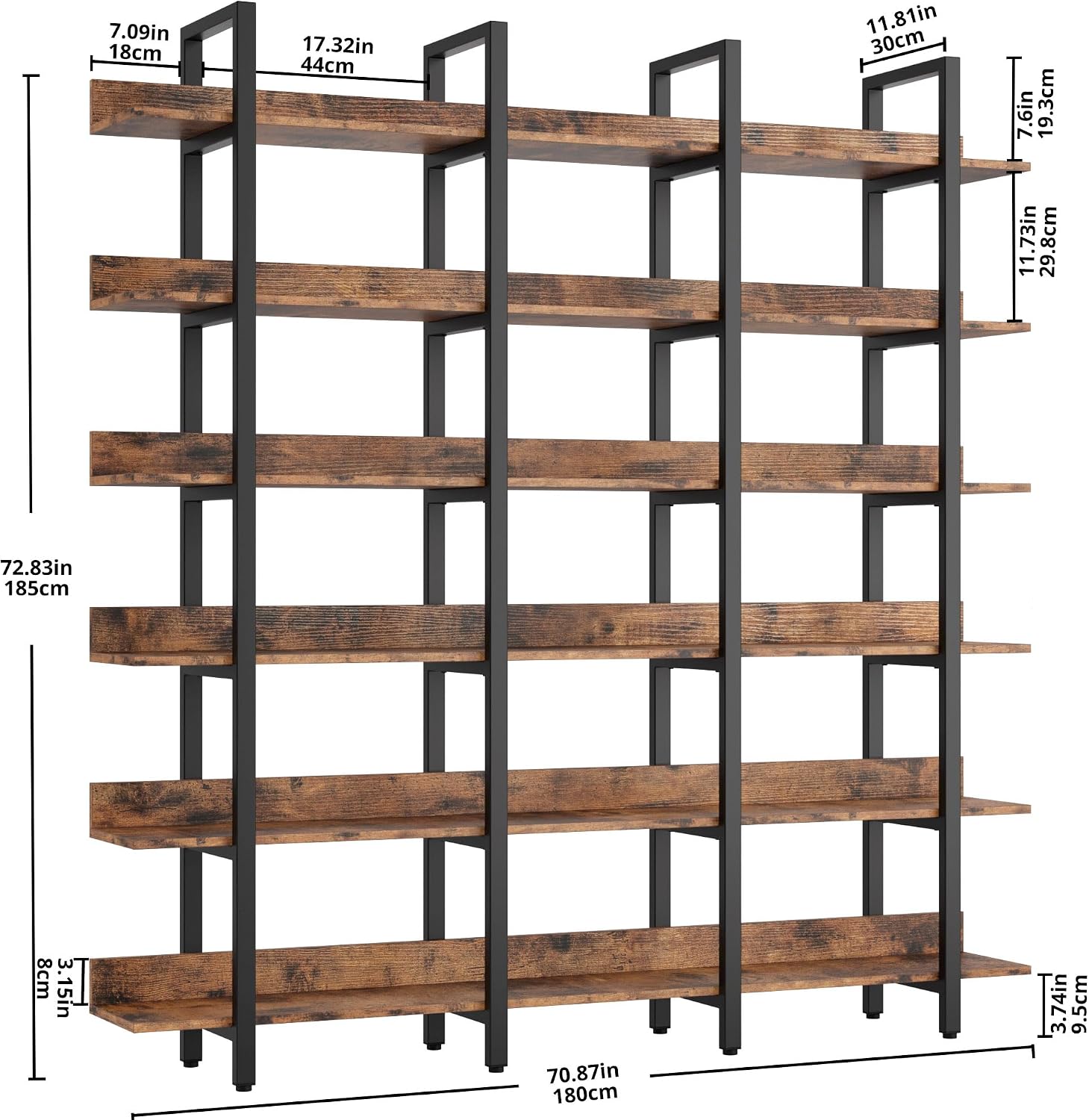 IRONCK Book Shelf Triple Wide Bookshelves 6 Tiers with Back Fence | Large Open Shelves, Etagere Bookcases, Home Office, Easy Assembly, Vintage Brown