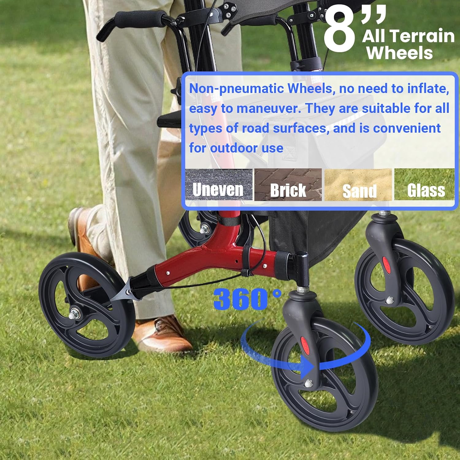 Aliseniors Upright Walker for Seniors - Big Stand Up Walker with Wide Seat, Foldable 4 Wheel All-Terrain Rolling Walker, Adjustable Armrests, 300lbs, Improves Posture & Reduces Back Strain | 20.6" Wide Seat, Foldable Rollator, 8" All-Terrain Wheels, Adju…