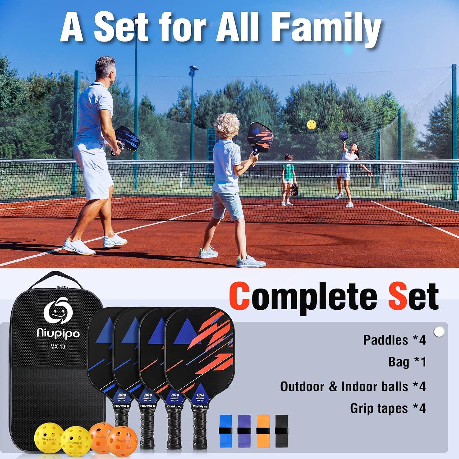 niupipo Pickleball Paddles Set of 2 or 4, USAPA Approved Fiberglass Pickleball Paddle Set with Balls and Bag, Polypropylene Honeycomb Core