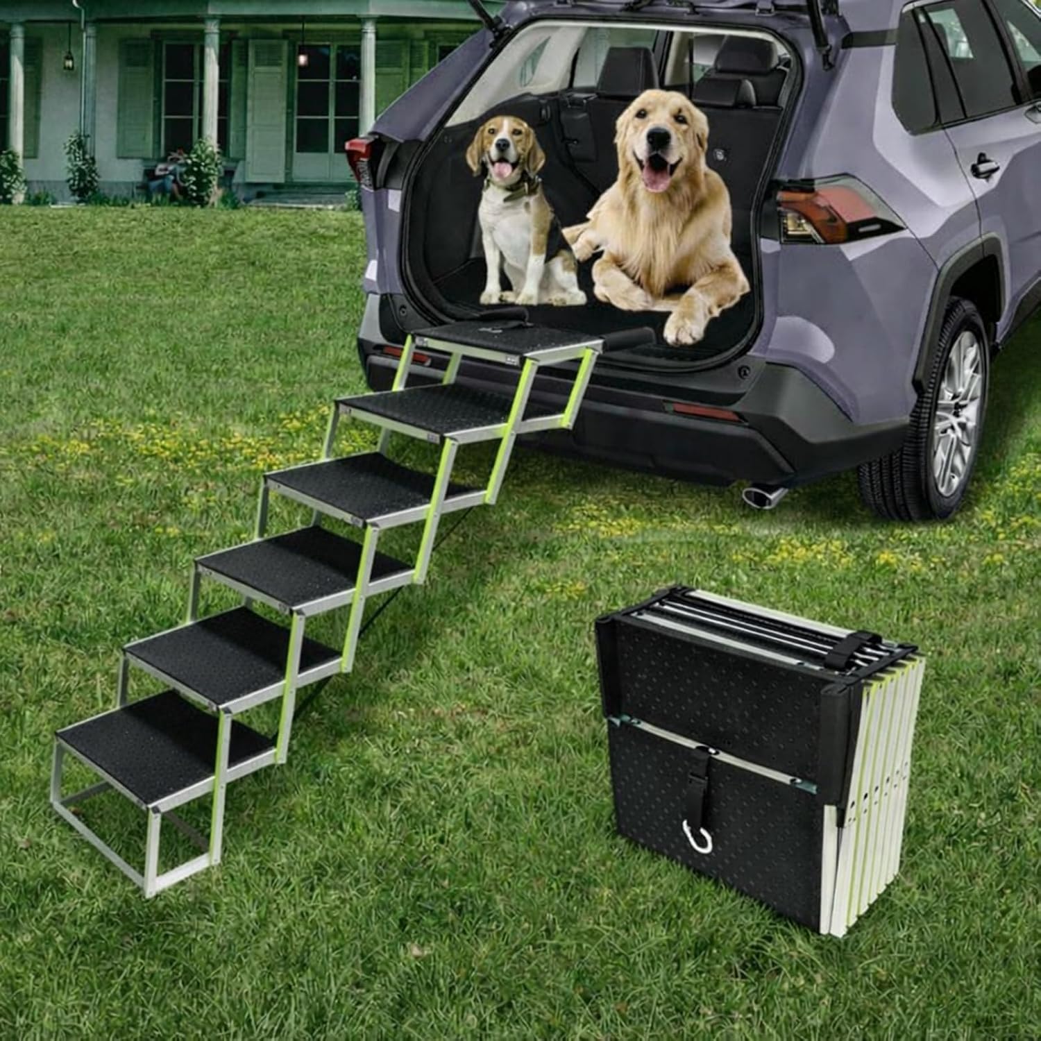 Dog Ramps for Small & Big Dogs Portable Folding Pet Stairs with Nonslip Surface Foldable Truck Ramp Stairs for Car, SUV and Trucks, Supports Up to 250LBS, 6 Steps